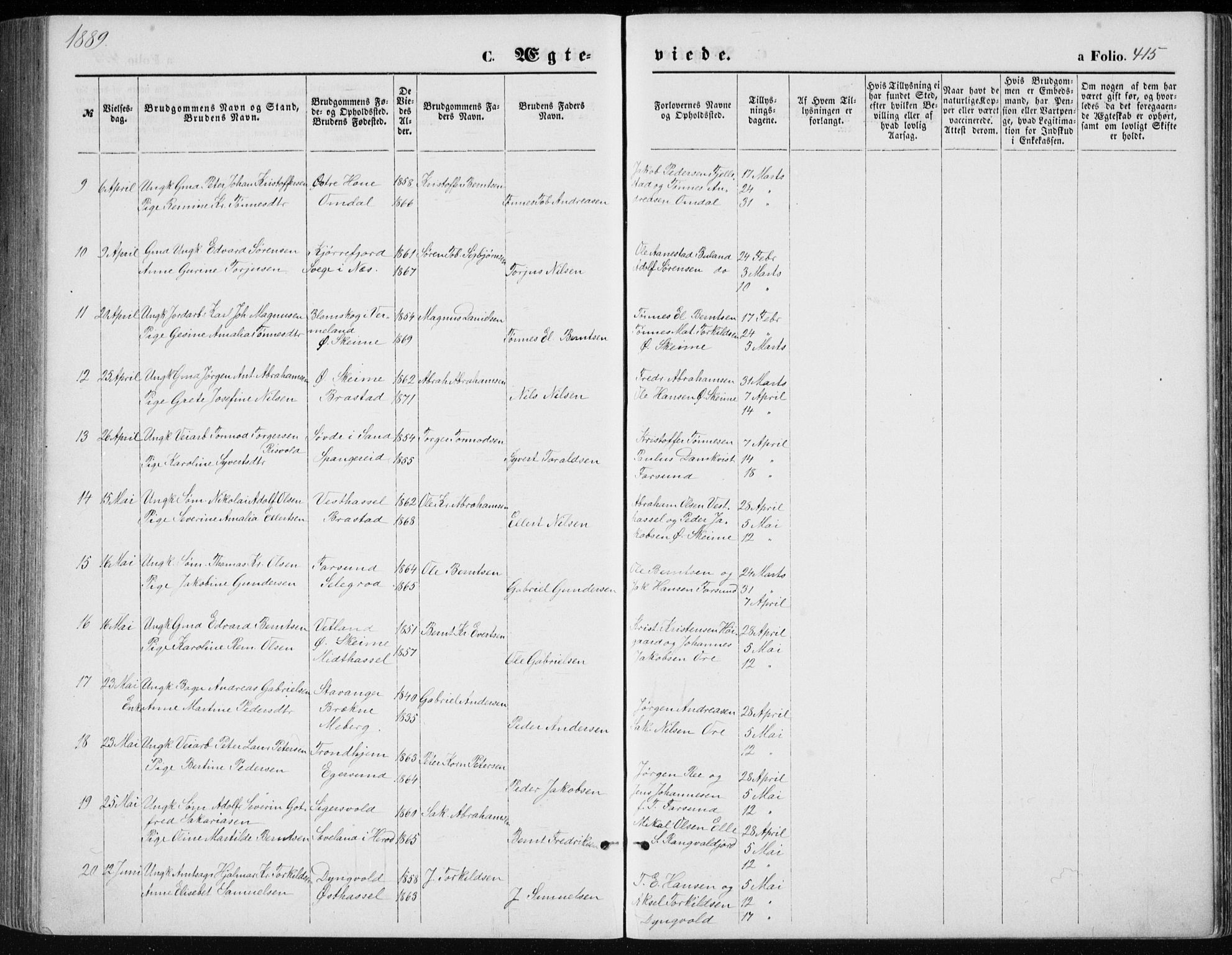 Lista sokneprestkontor, AV/SAK-1111-0027/F/Fb/L0004: Parish register (copy) no. B 4, 1877-1891, p. 415