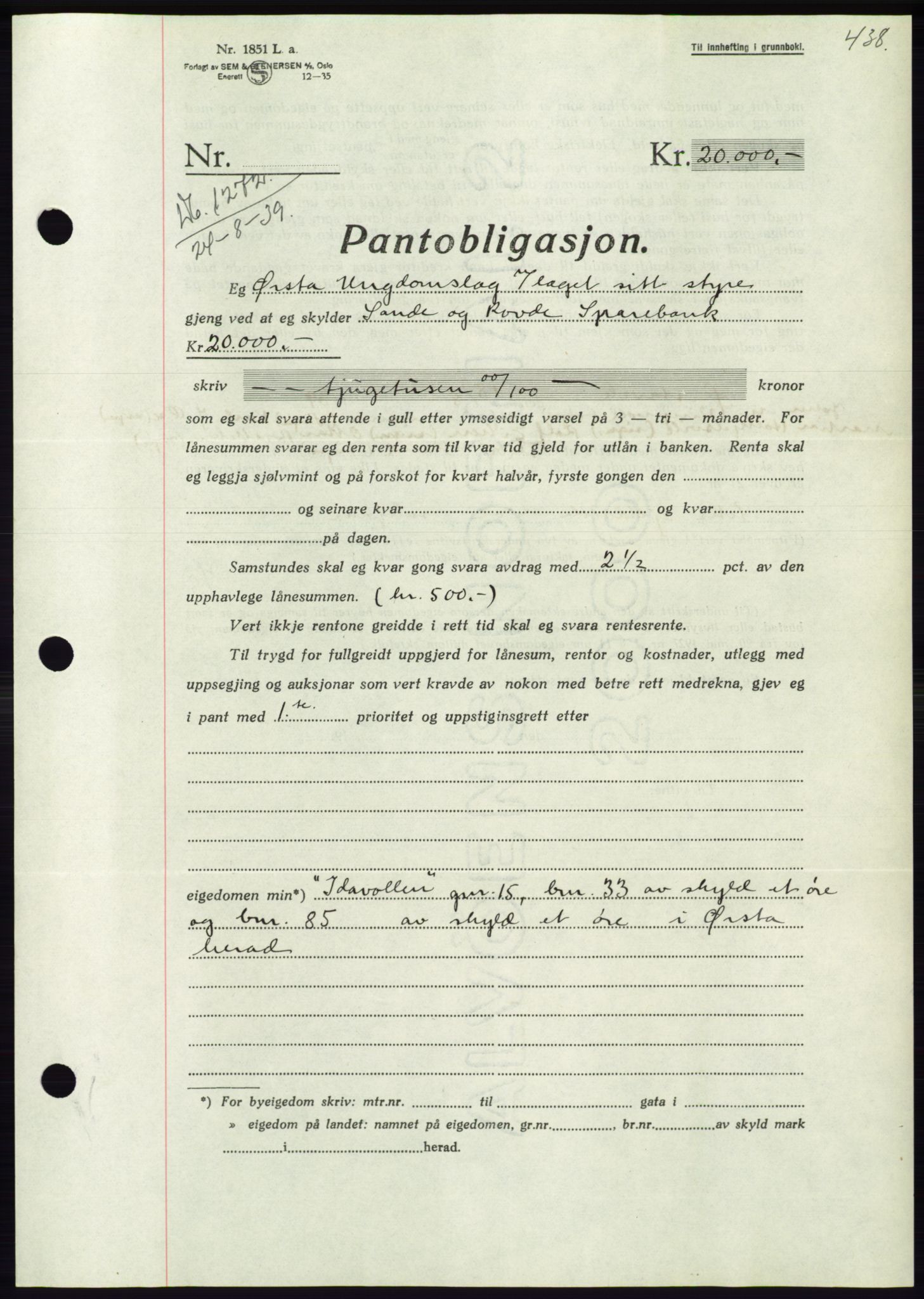 Søre Sunnmøre sorenskriveri, AV/SAT-A-4122/1/2/2C/L0068: Mortgage book no. 62, 1939-1939, Diary no: : 1272/1939