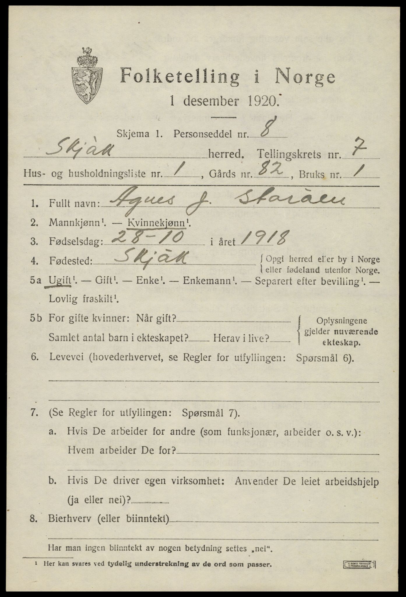 SAH, 1920 census for Skjåk, 1920, p. 3398