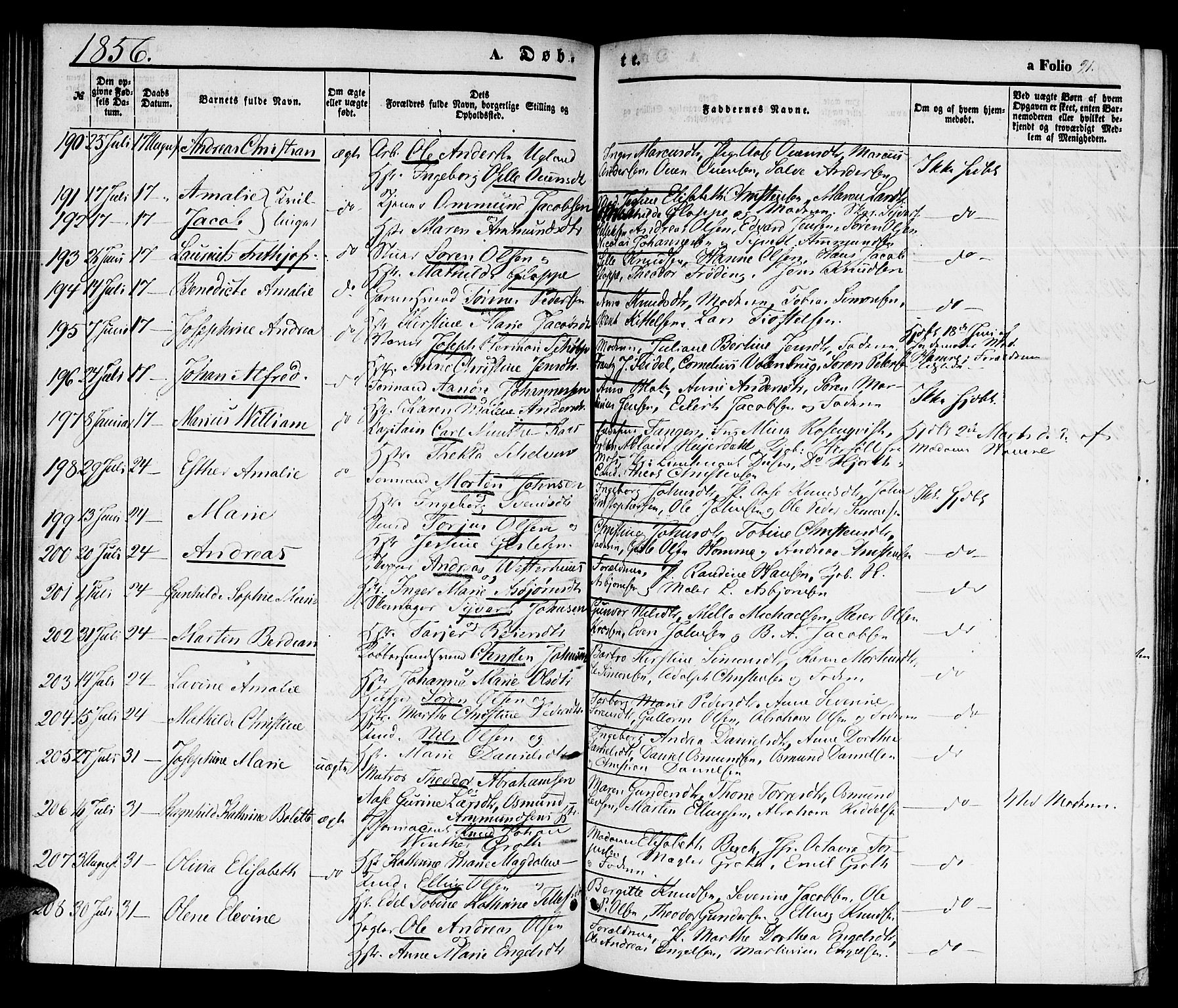 Kristiansand domprosti, SAK/1112-0006/F/Fb/L0011: Parish register (copy) no. B 11, 1851-1861, p. 91