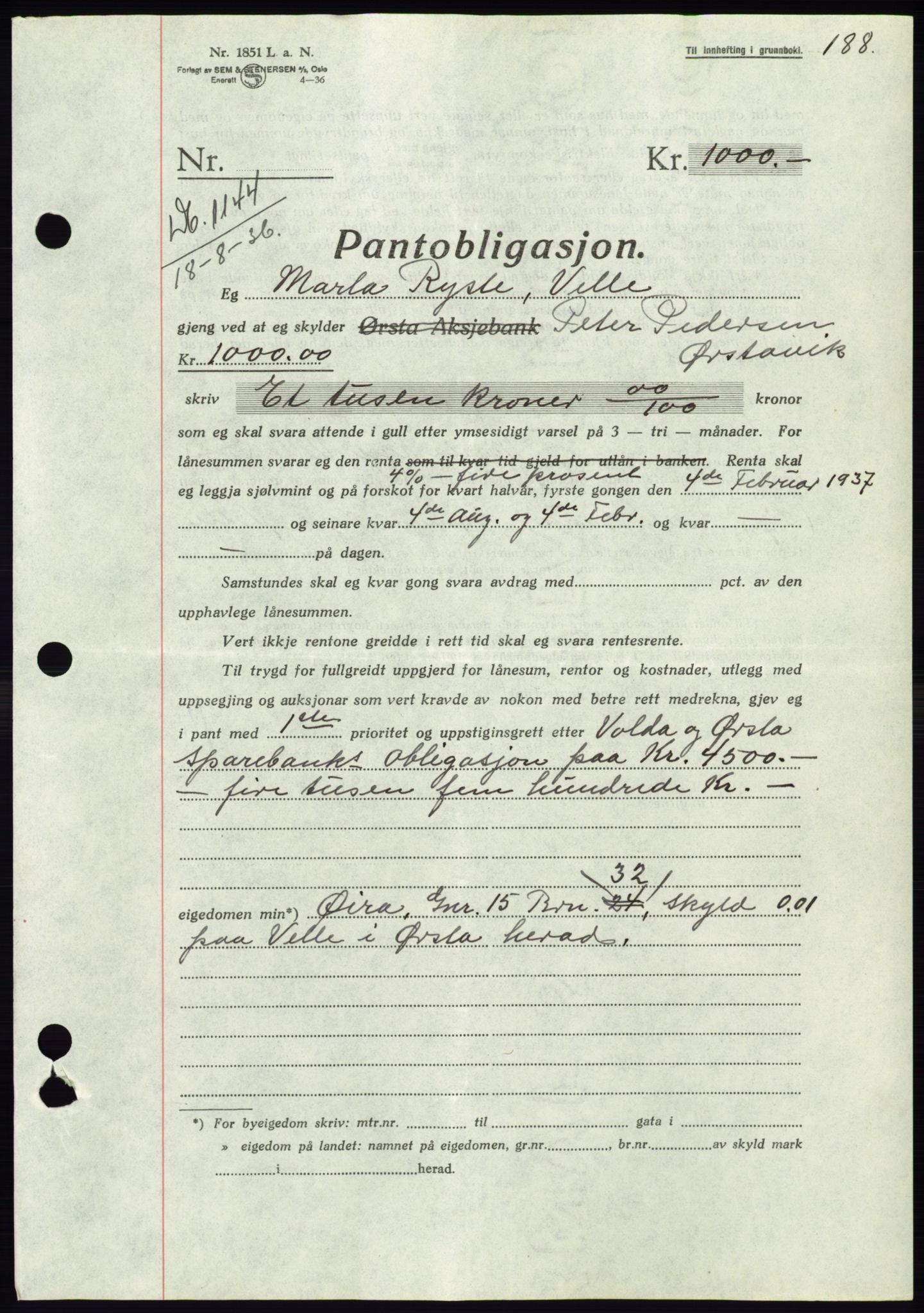 Søre Sunnmøre sorenskriveri, AV/SAT-A-4122/1/2/2C/L0061: Mortgage book no. 55, 1936-1936, Diary no: : 1144/1936