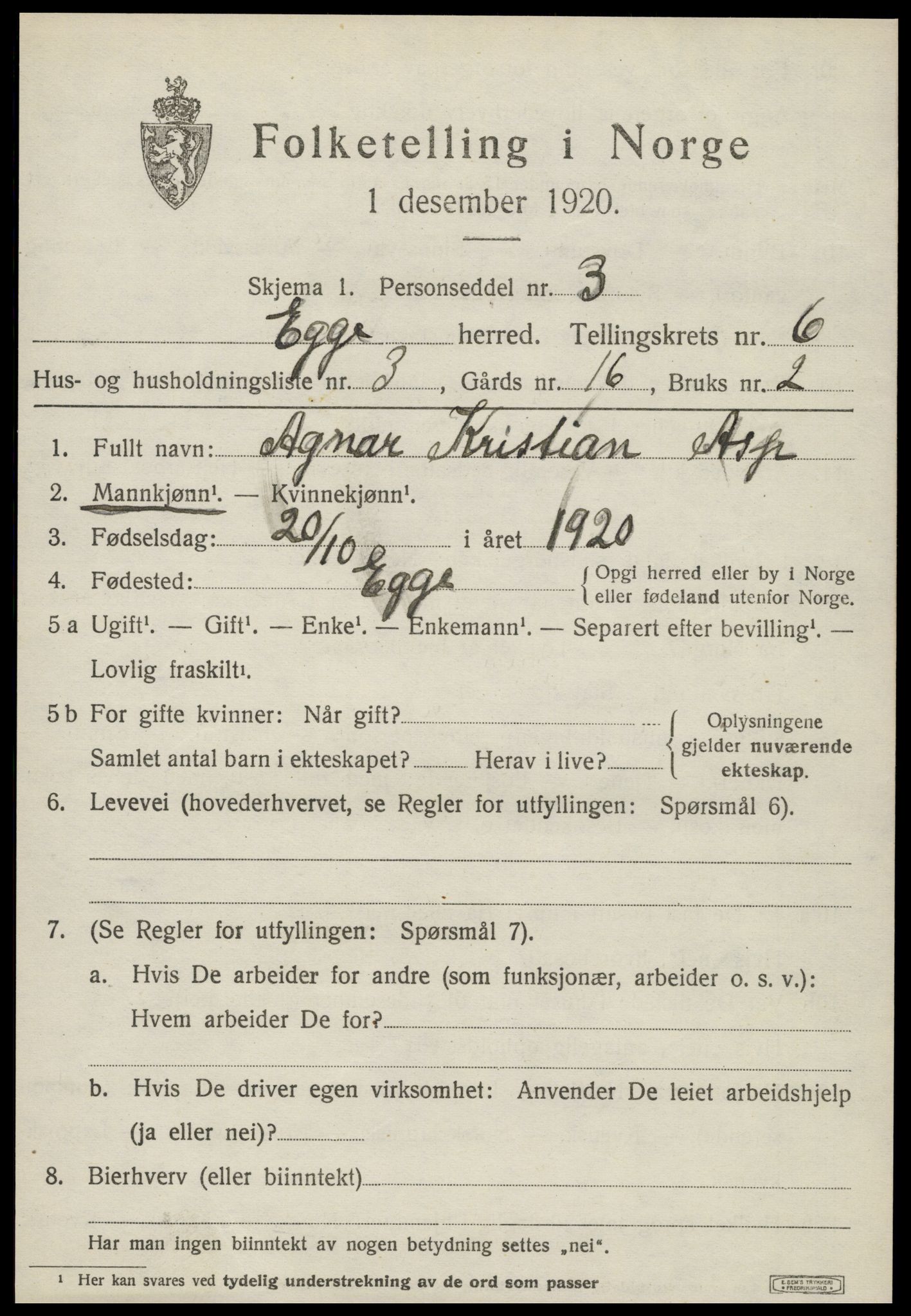 SAT, 1920 census for Egge, 1920, p. 3860