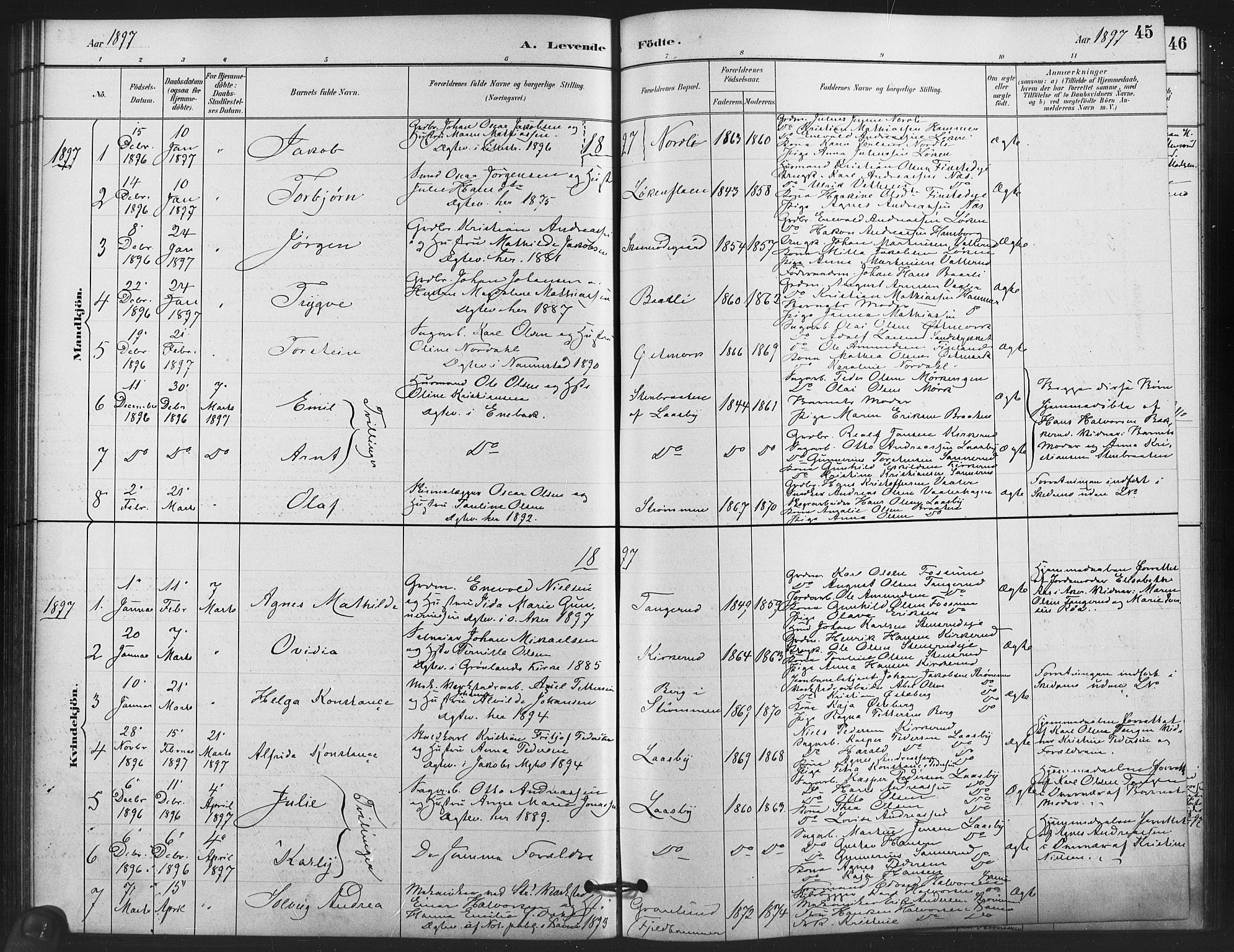 Skedsmo prestekontor Kirkebøker, AV/SAO-A-10033a/F/Fb/L0001: Parish register (official) no. II 1, 1883-1901, p. 45