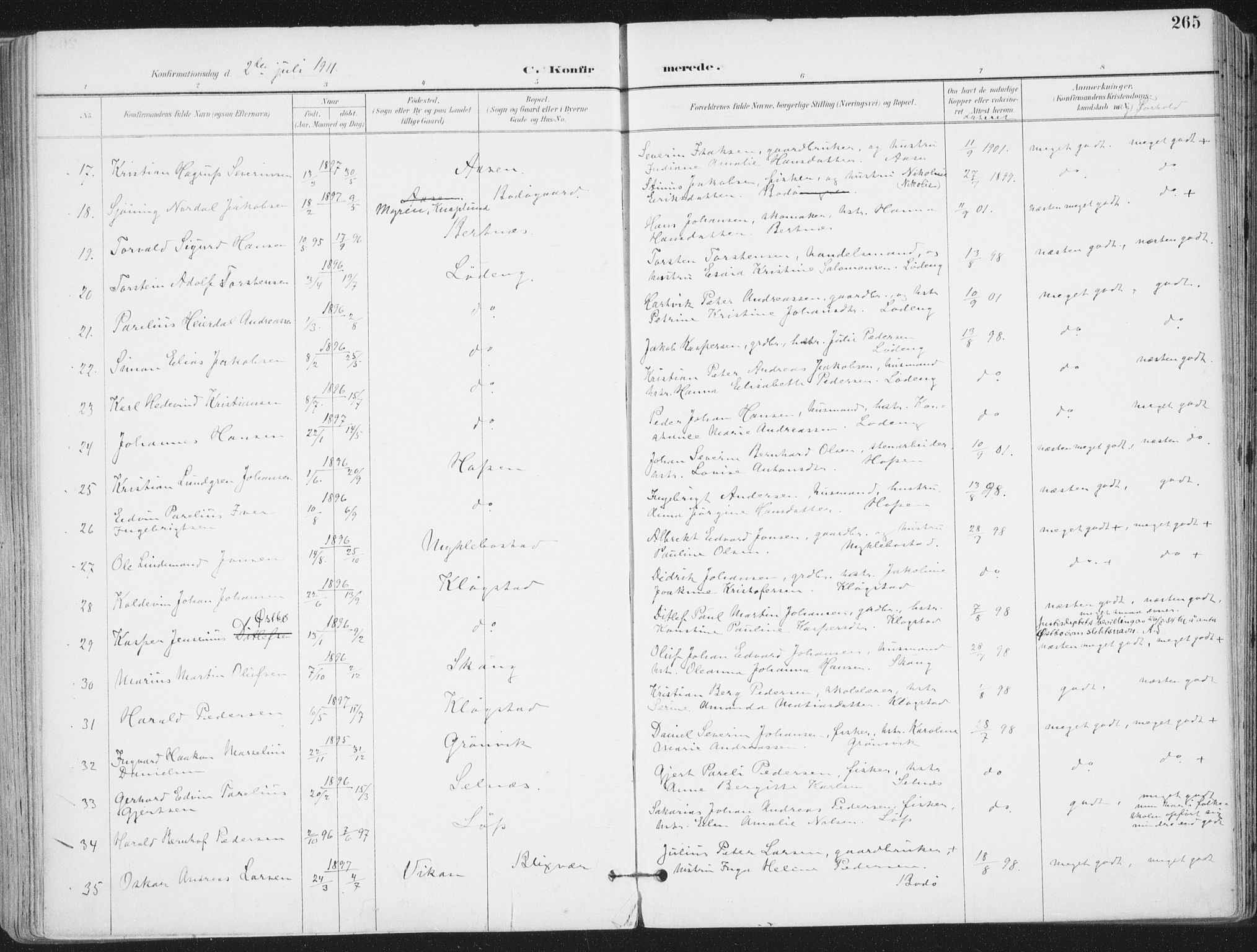 Ministerialprotokoller, klokkerbøker og fødselsregistre - Nordland, AV/SAT-A-1459/802/L0055: Parish register (official) no. 802A02, 1894-1915, p. 265