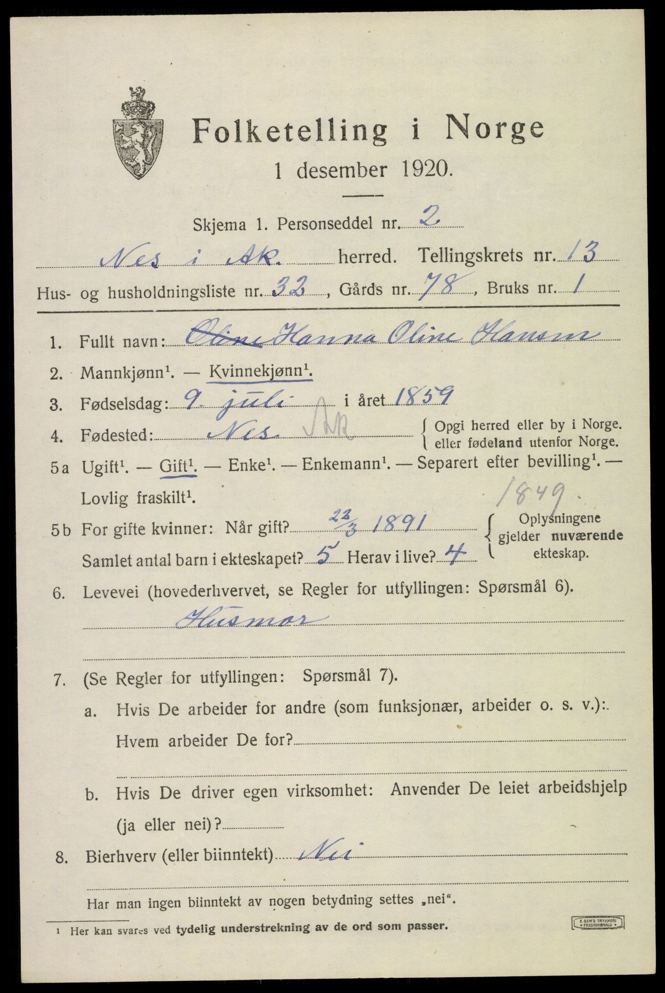 SAO, 1920 census for Nes, 1920, p. 13722