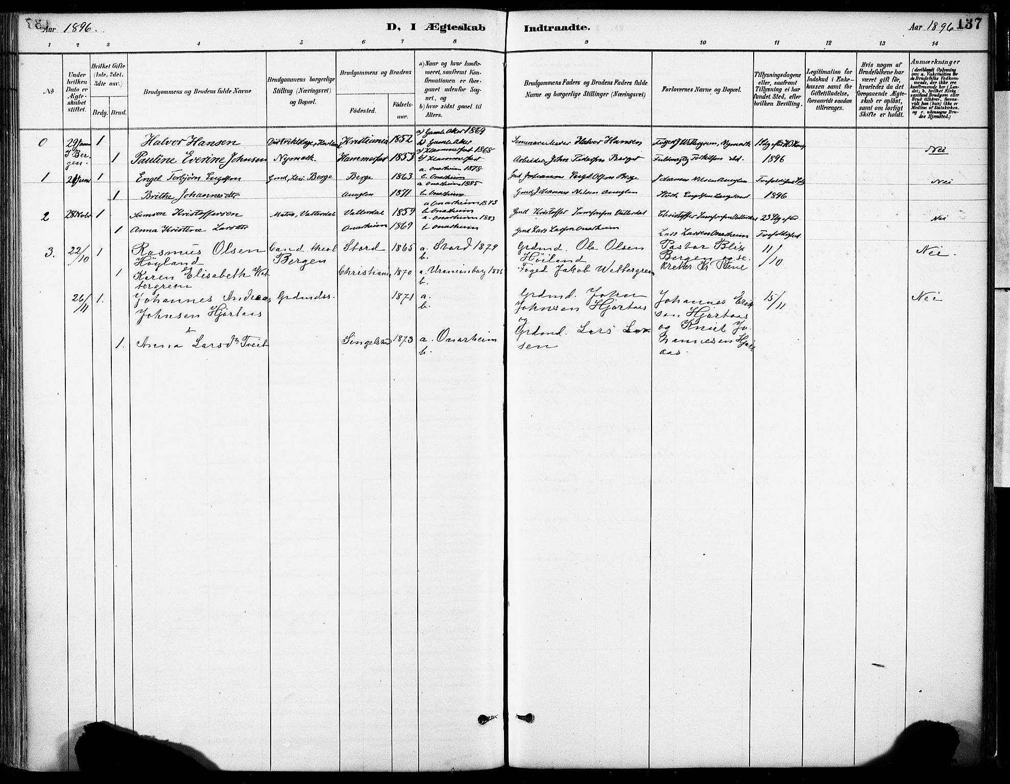 Tysnes sokneprestembete, SAB/A-78601/H/Haa: Parish register (official) no. C 1, 1887-1912, p. 137