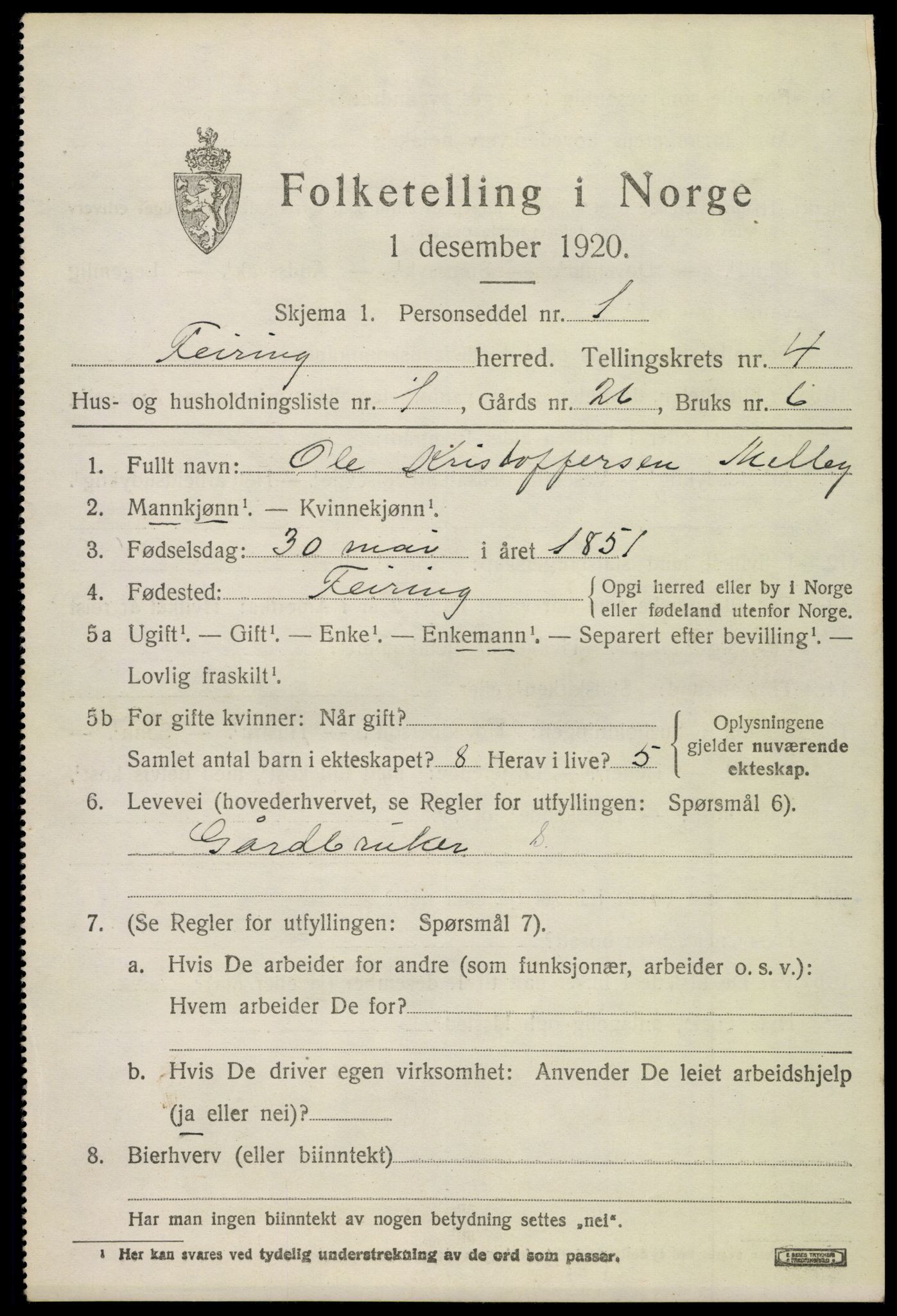 SAO, 1920 census for Feiring, 1920, p. 2182