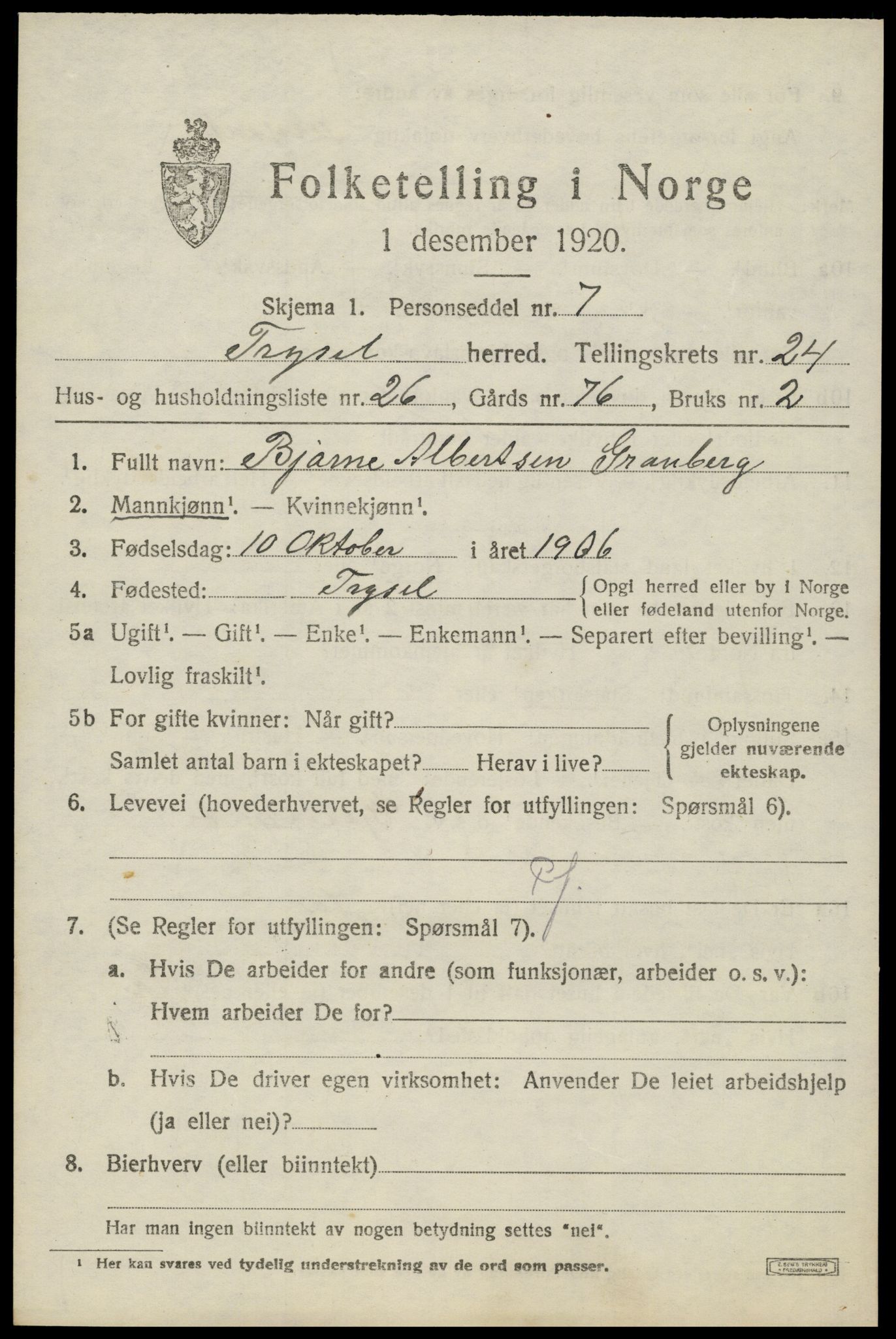 SAH, 1920 census for Trysil, 1920, p. 15537
