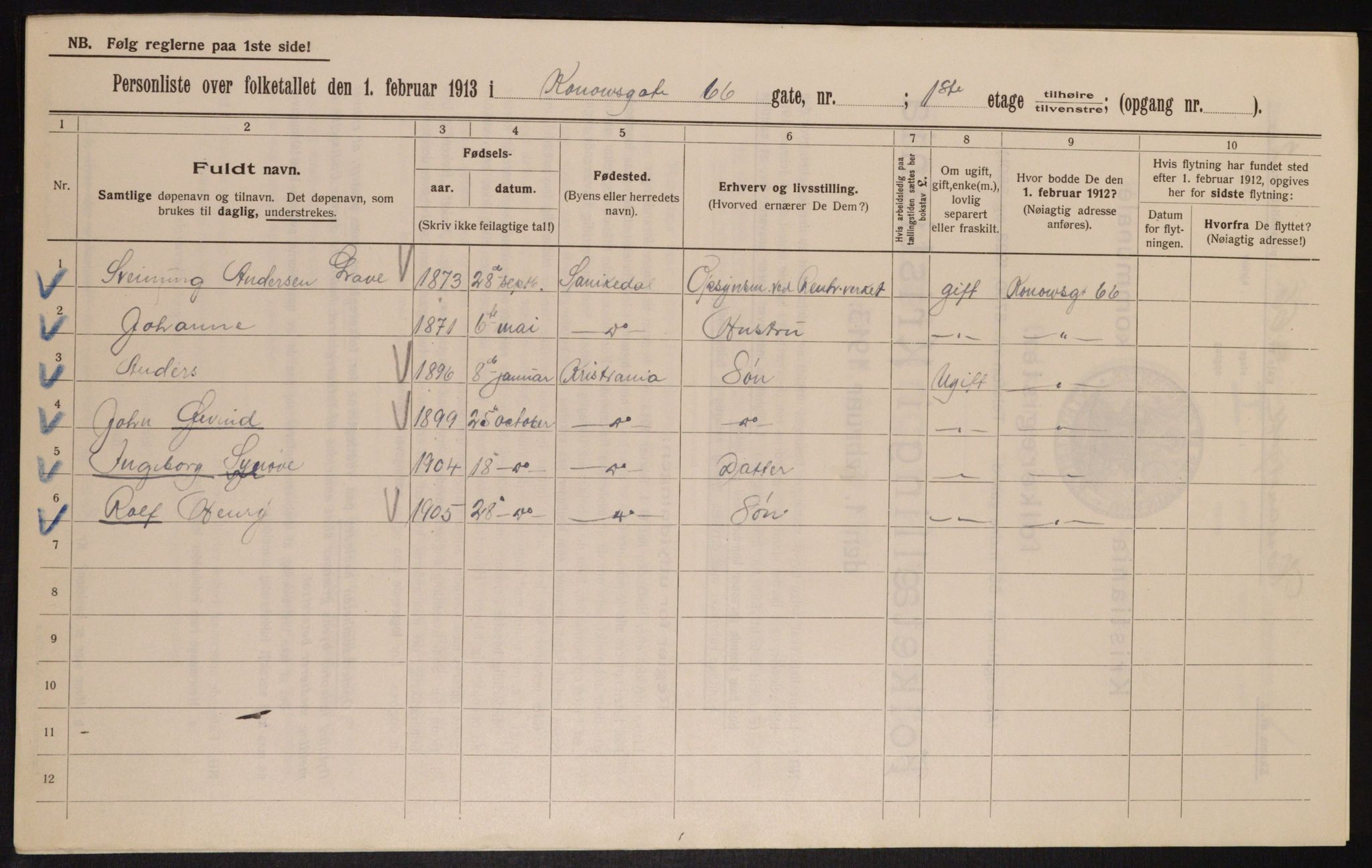 OBA, Municipal Census 1913 for Kristiania, 1913, p. 53135