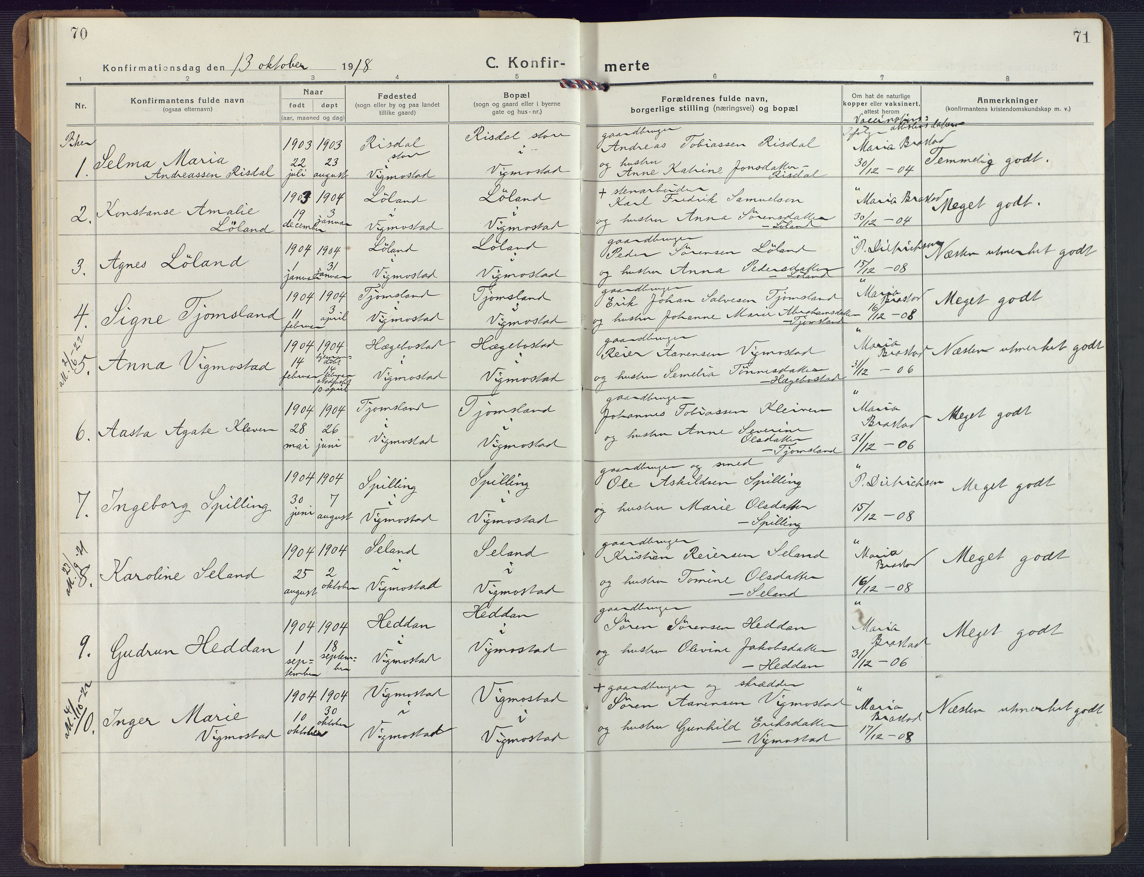 Nord-Audnedal sokneprestkontor, SAK/1111-0032/F/Fa/Fab/L0005: Parish register (official) no. A 5, 1918-1925, p. 70-71