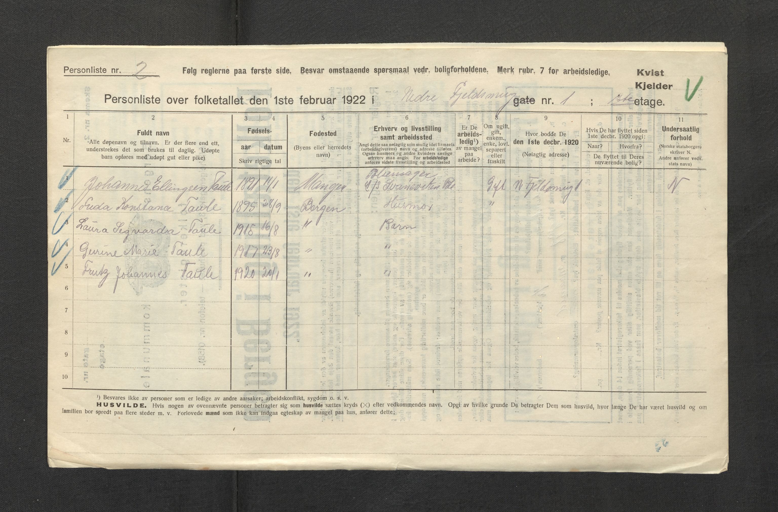 SAB, Municipal Census 1922 for Bergen, 1922, p. 7693