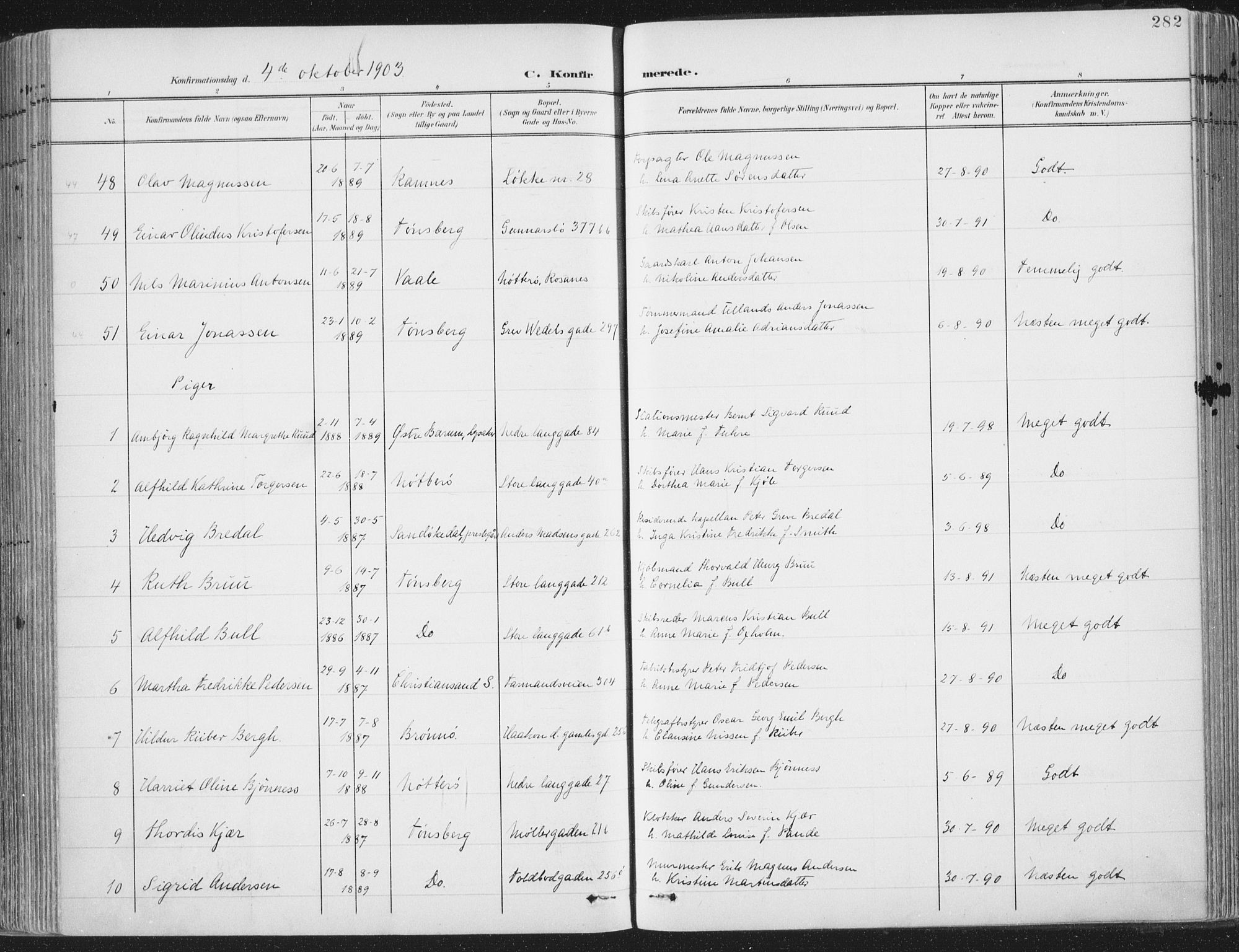 Tønsberg kirkebøker, SAKO/A-330/F/Fa/L0014: Parish register (official) no. I 14, 1900-1913, p. 282