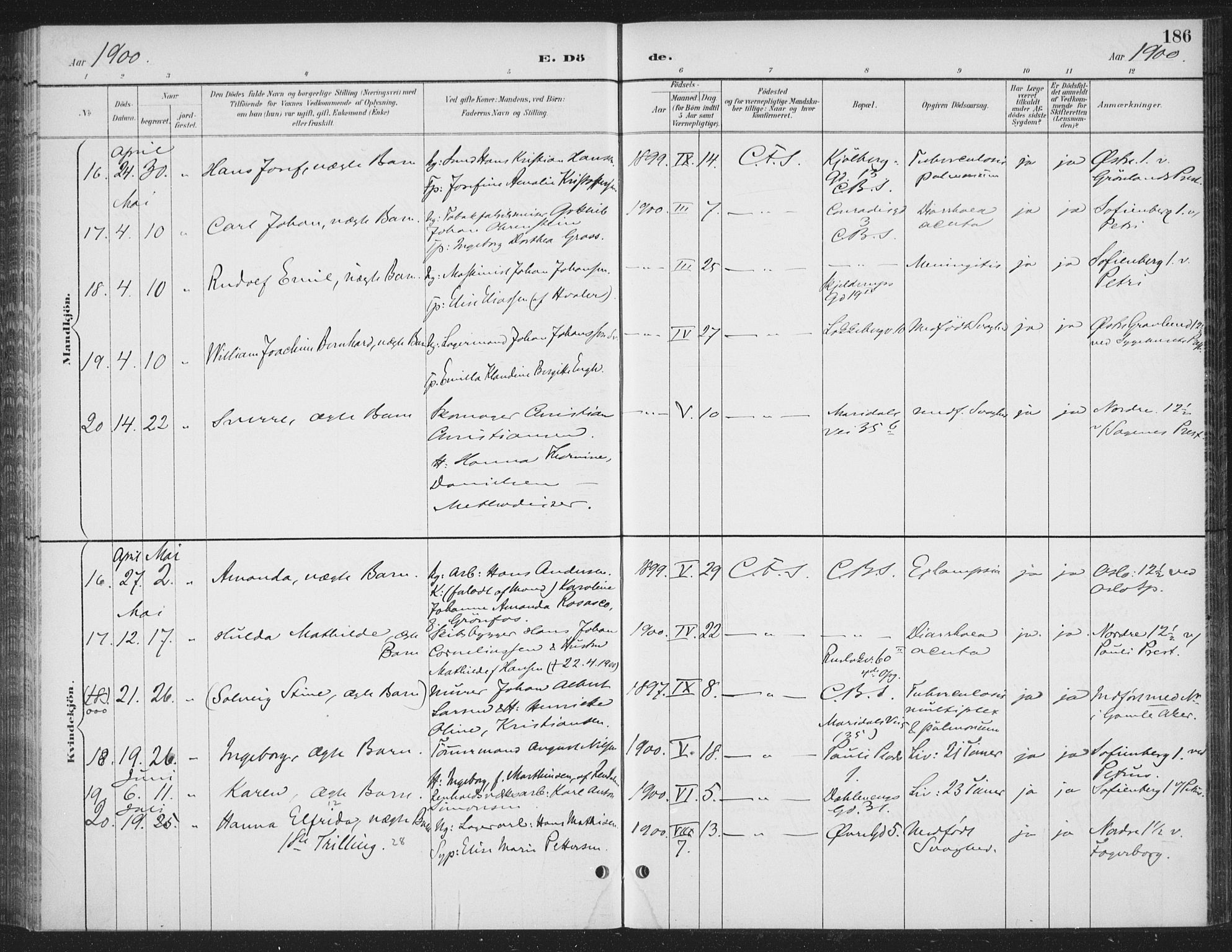 Rikshospitalet prestekontor Kirkebøker, SAO/A-10309b/F/L0010: Parish register (official) no. 10, 1888-1912, p. 186