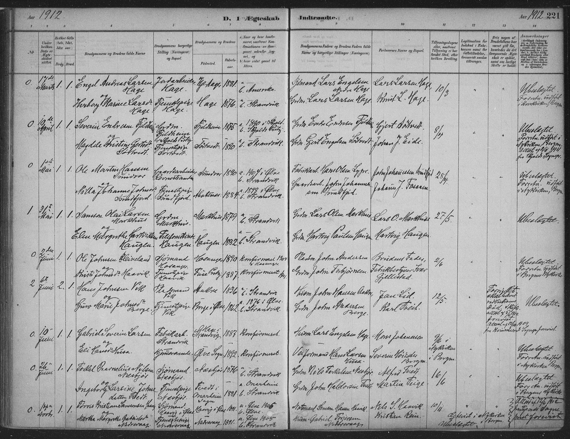 Fusa sokneprestembete, SAB/A-75401/H/Haa: Parish register (official) no. D 1, 1880-1938, p. 221