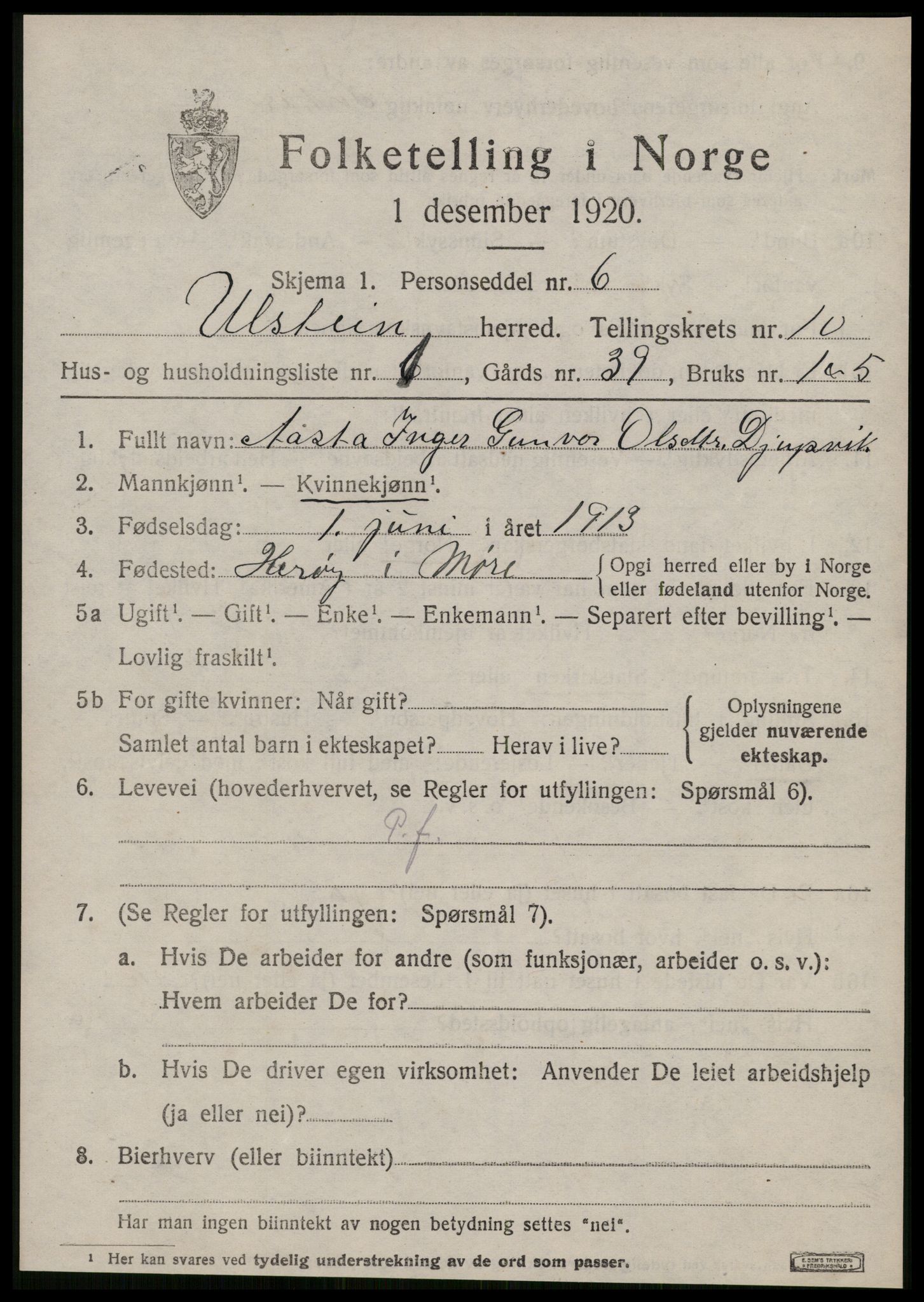 SAT, 1920 census for Ulstein, 1920, p. 5324