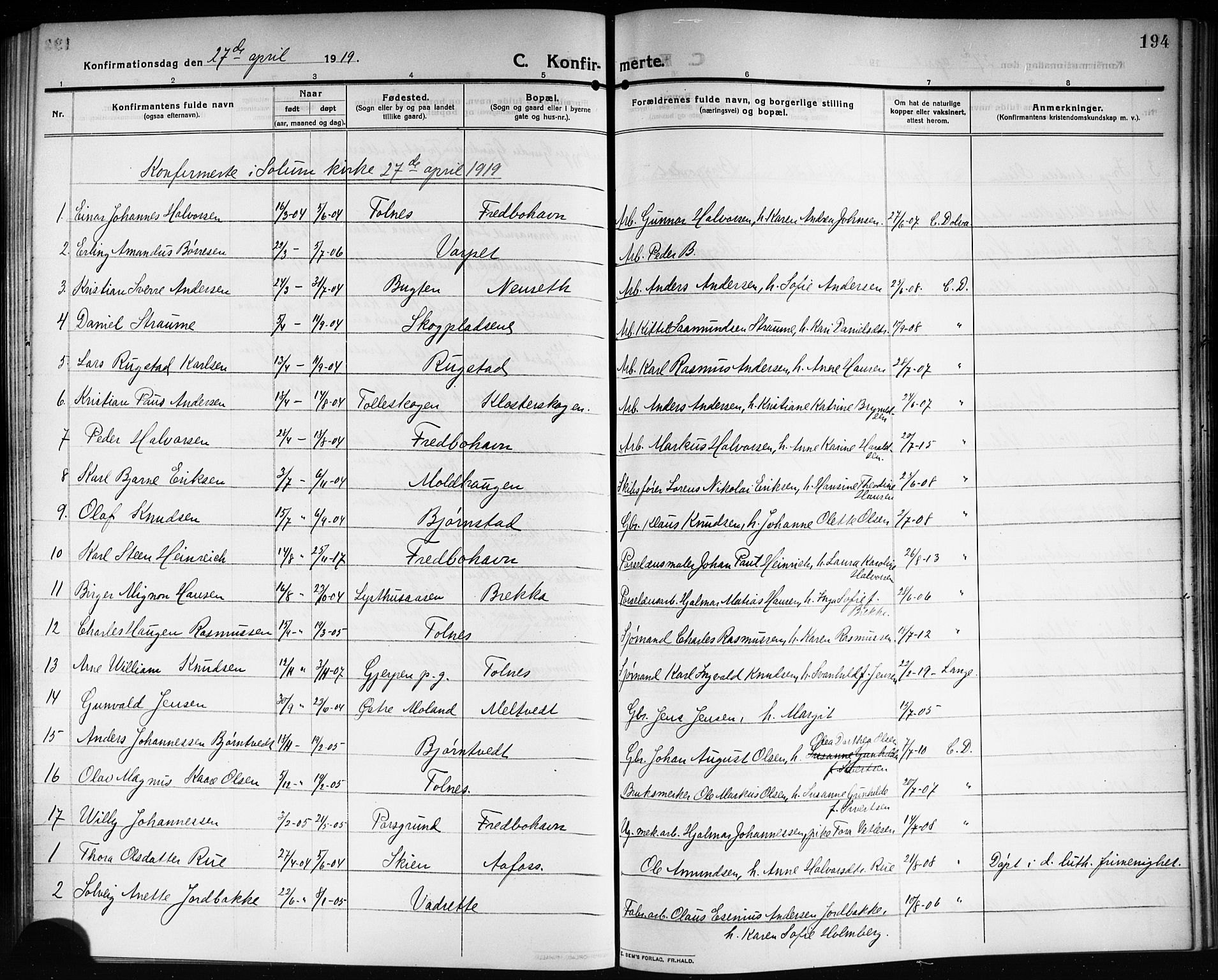 Solum kirkebøker, SAKO/A-306/G/Ga/L0009: Parish register (copy) no. I 9, 1909-1922, p. 194