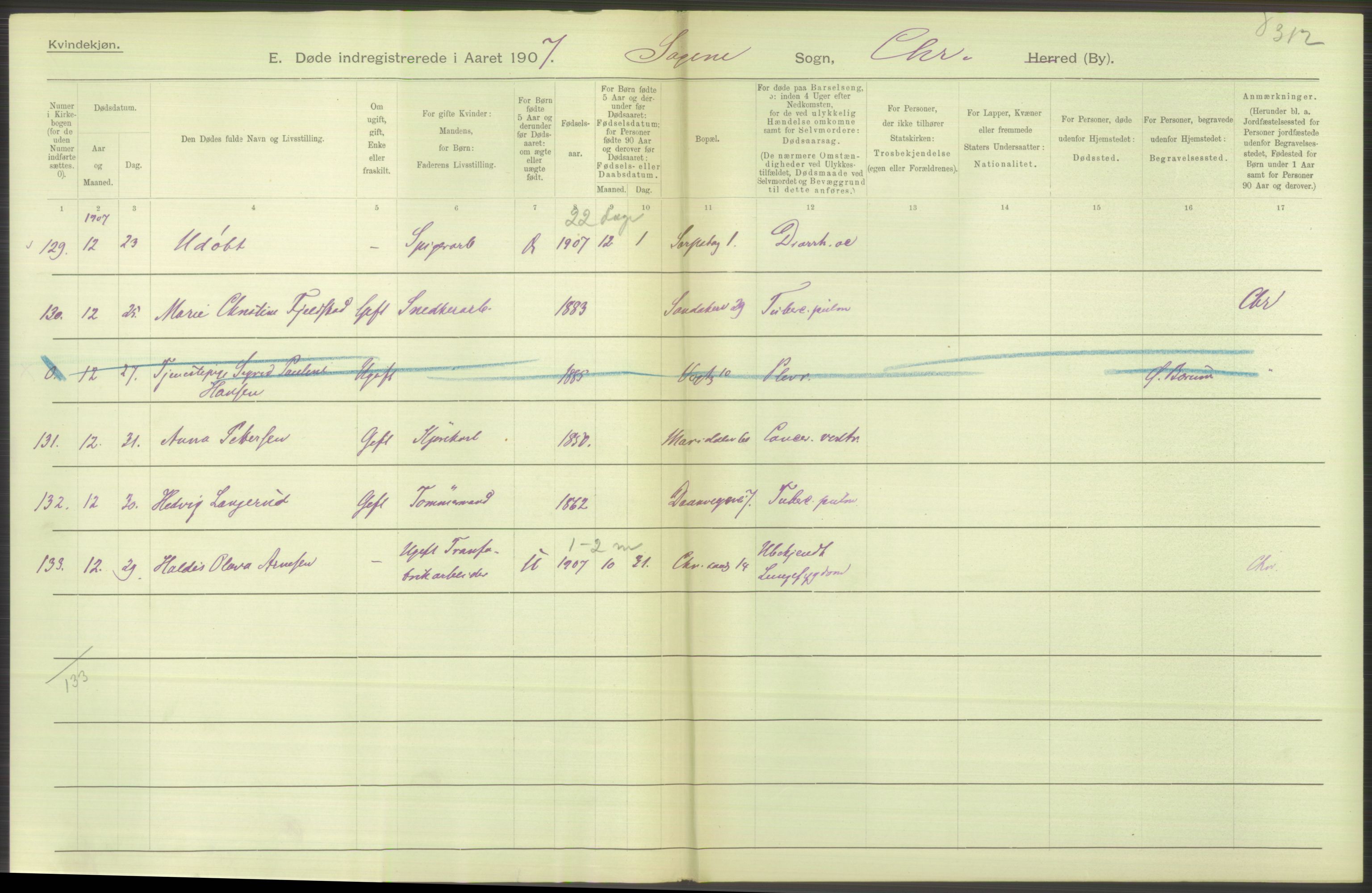 Statistisk sentralbyrå, Sosiodemografiske emner, Befolkning, AV/RA-S-2228/D/Df/Dfa/Dfae/L0009: Kristiania: Døde, 1907, p. 28