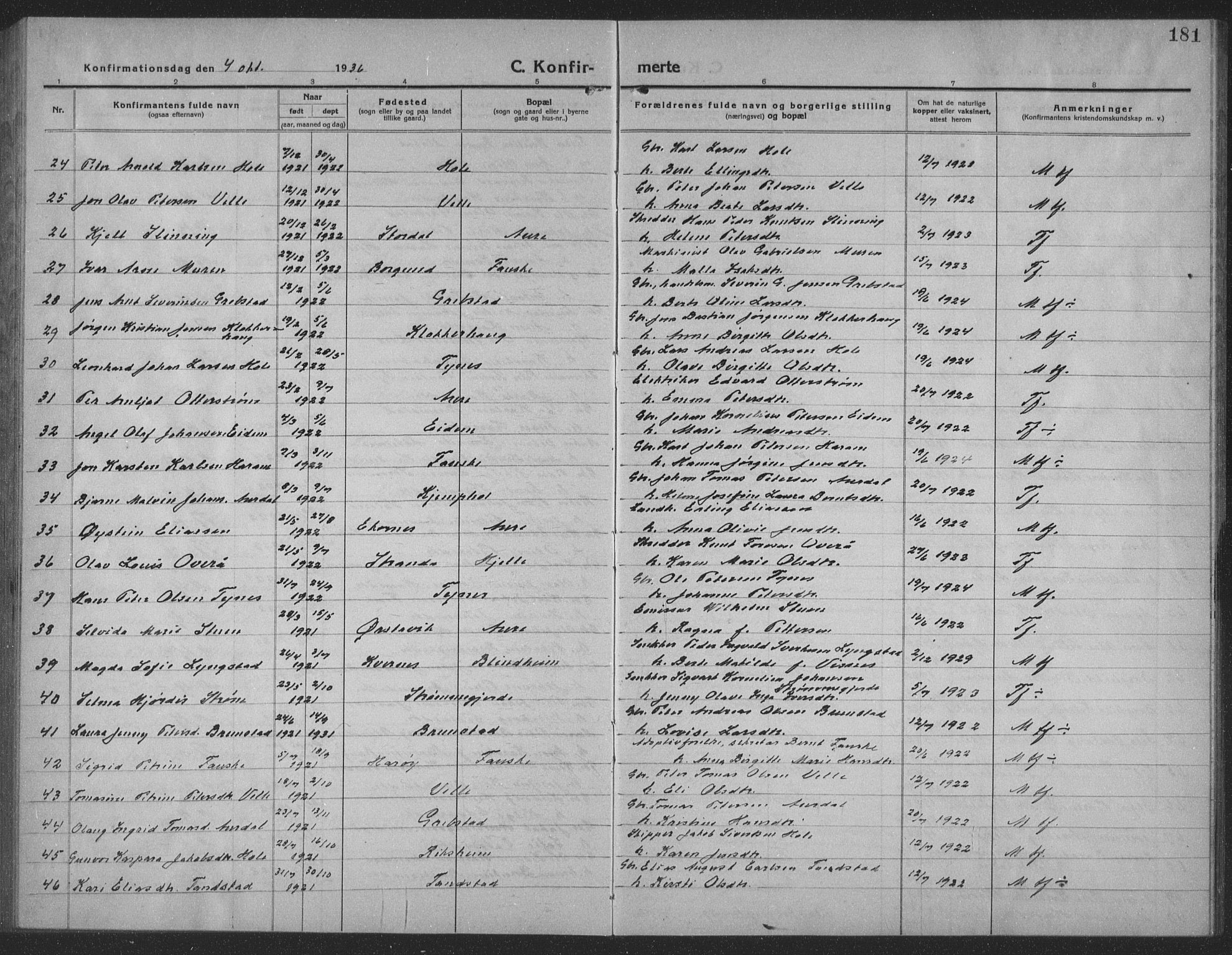 Ministerialprotokoller, klokkerbøker og fødselsregistre - Møre og Romsdal, AV/SAT-A-1454/523/L0342: Parish register (copy) no. 523C05, 1916-1937, p. 181