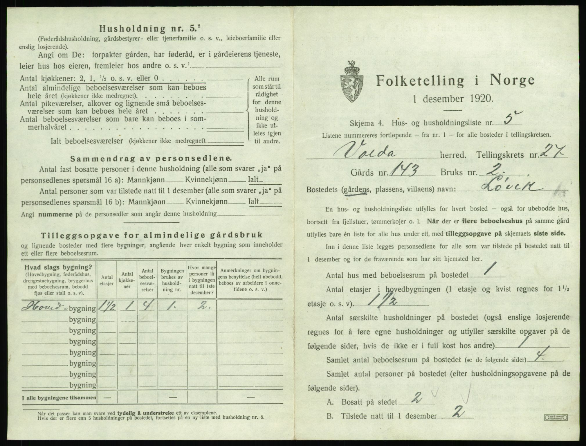 SAT, 1920 census for Volda, 1920, p. 1698