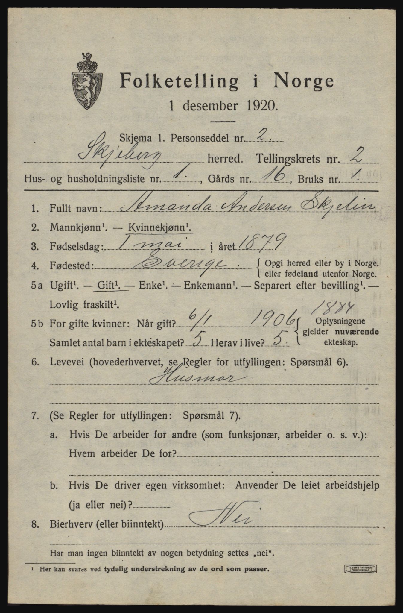 SAO, 1920 census for Skjeberg, 1920, p. 3505