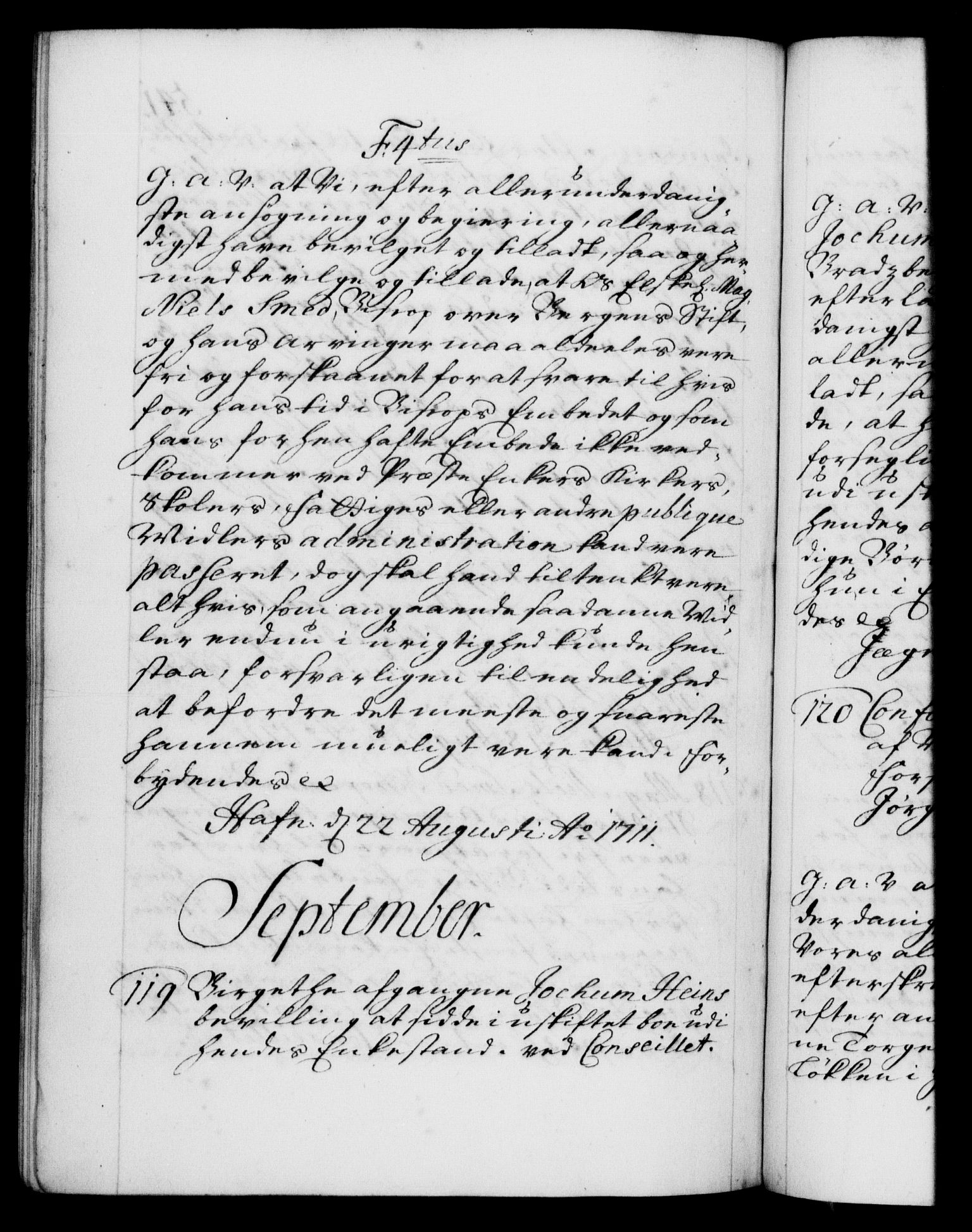 Danske Kanselli 1572-1799, AV/RA-EA-3023/F/Fc/Fca/Fcaa/L0020: Norske registre, 1708-1711, p. 541b