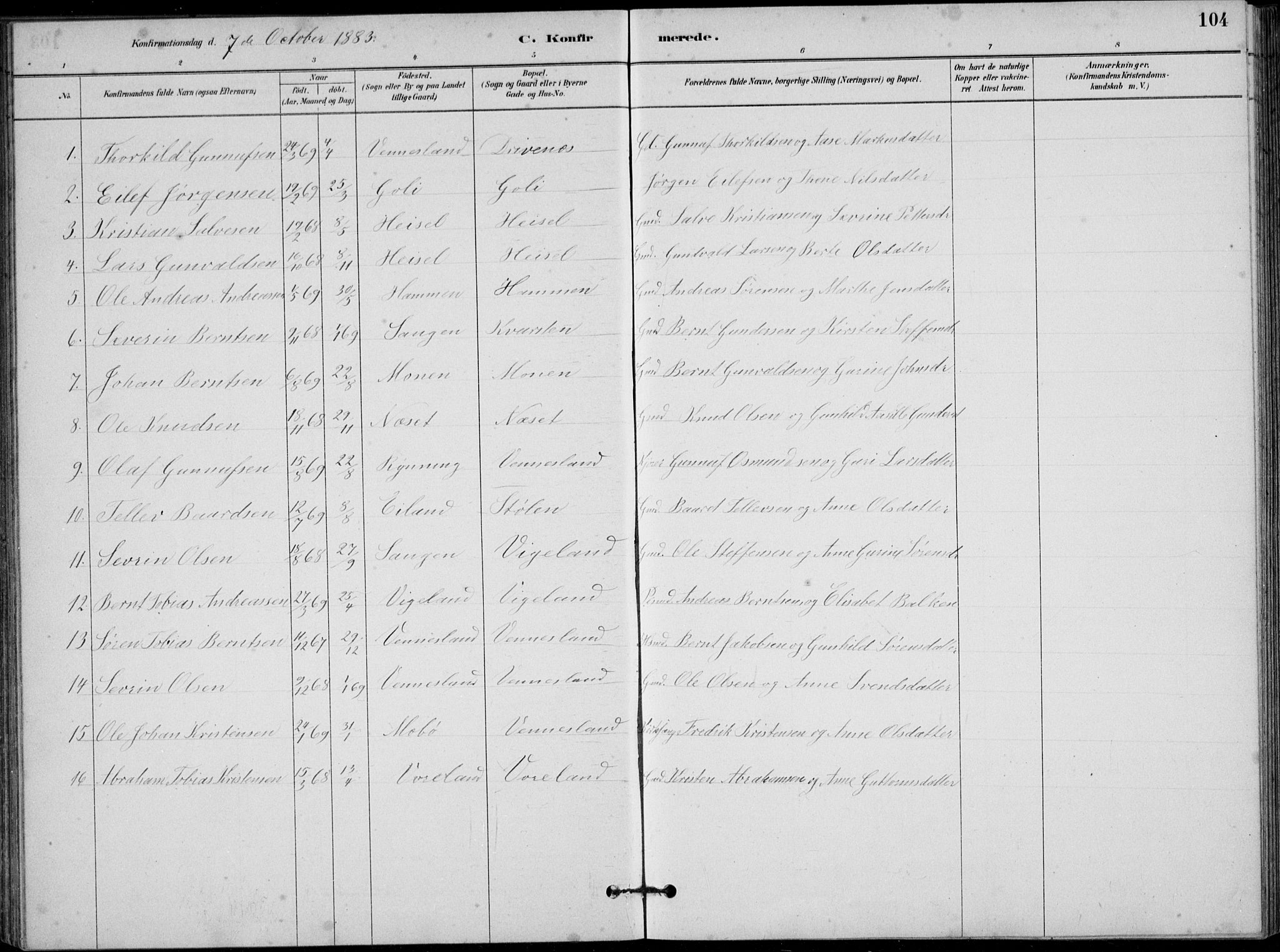 Vennesla sokneprestkontor, SAK/1111-0045/Fb/Fbb/L0003: Parish register (copy) no. B 3, 1879-1893, p. 104