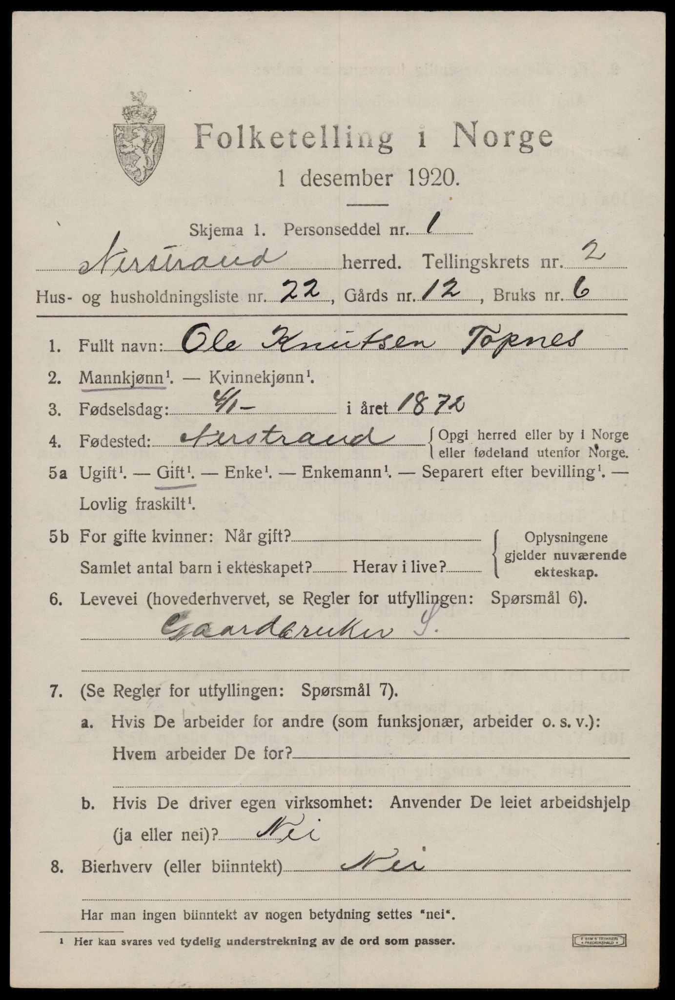 SAST, 1920 census for Nedstrand, 1920, p. 1207
