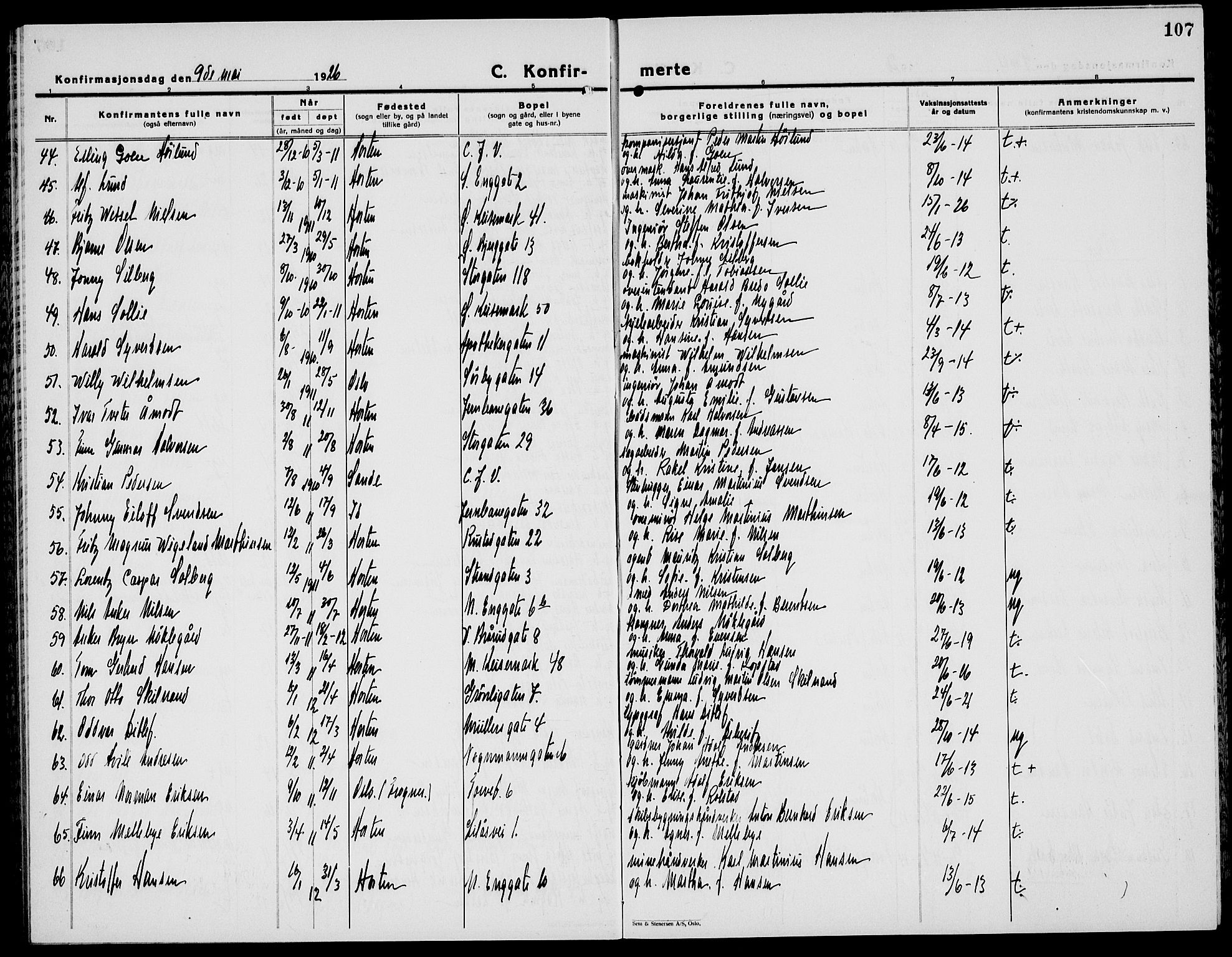 Horten kirkebøker, AV/SAKO-A-348/G/Ga/L0009: Parish register (copy) no. 9, 1926-1936, p. 107