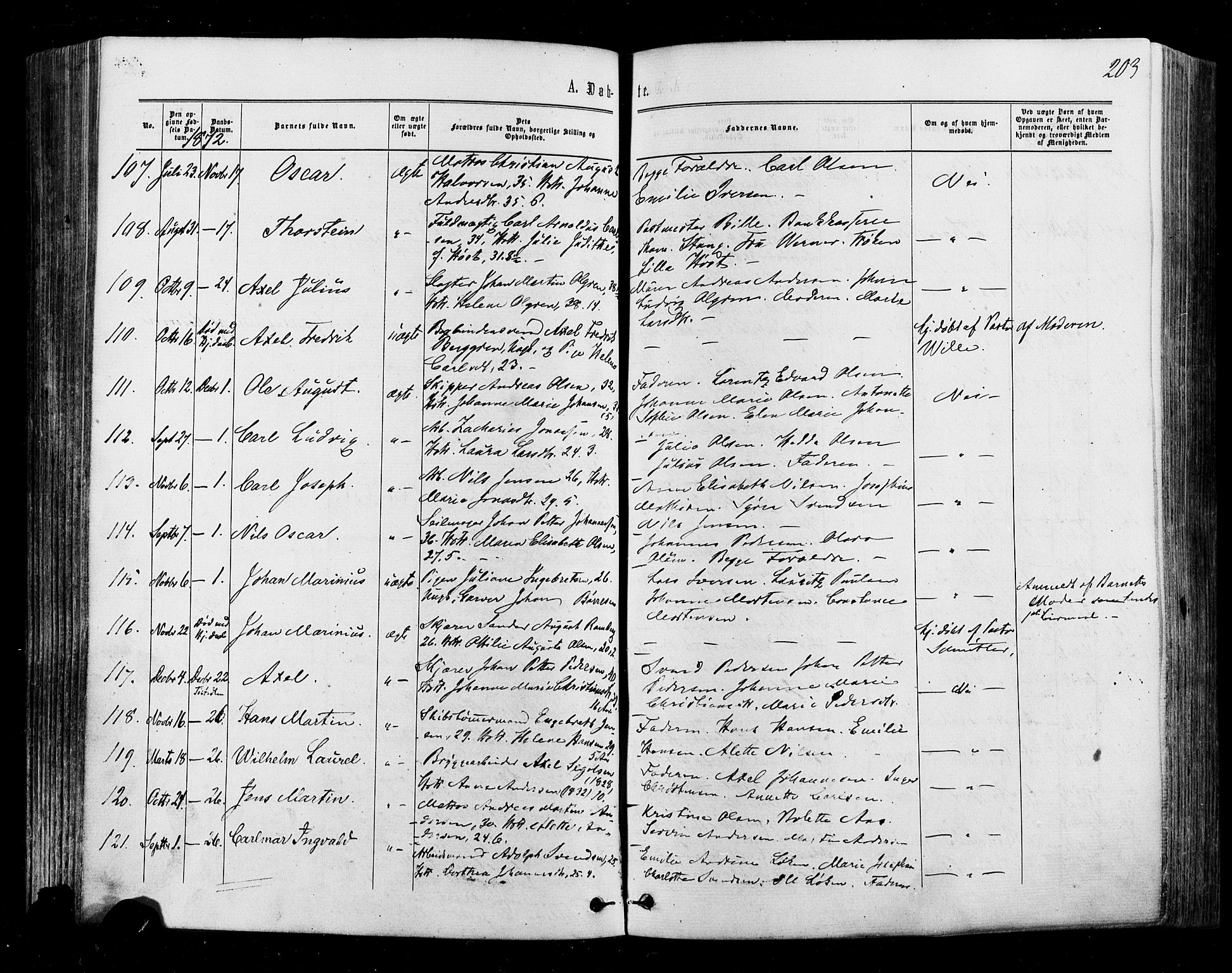 Halden prestekontor Kirkebøker, AV/SAO-A-10909/F/Fa/L0009: Parish register (official) no. I 9, 1866-1877, p. 203