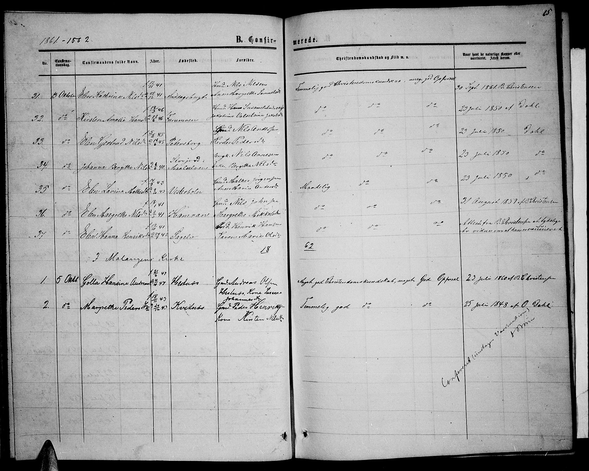 Balsfjord sokneprestembete, SATØ/S-1303/G/Ga/L0005klokker: Parish register (copy) no. 5, 1856-1862, p. 65