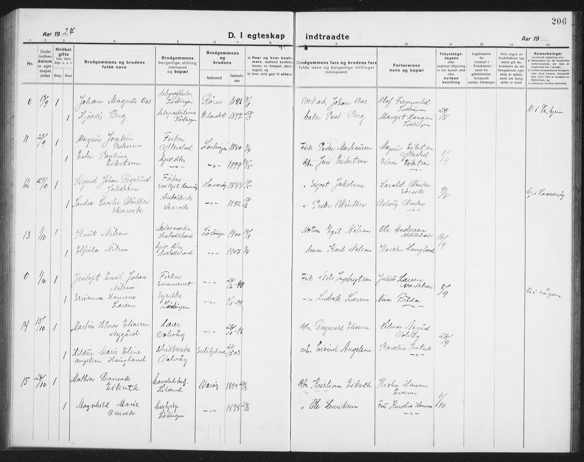 Ministerialprotokoller, klokkerbøker og fødselsregistre - Nordland, AV/SAT-A-1459/872/L1049: Parish register (copy) no. 872C05, 1920-1938, p. 206