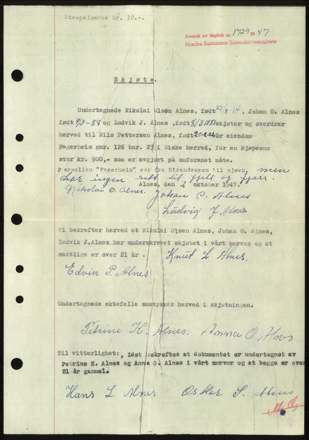 Nordre Sunnmøre sorenskriveri, AV/SAT-A-0006/1/2/2C/2Ca: Mortgage book no. A25, 1947-1947, Diary no: : 1729/1947