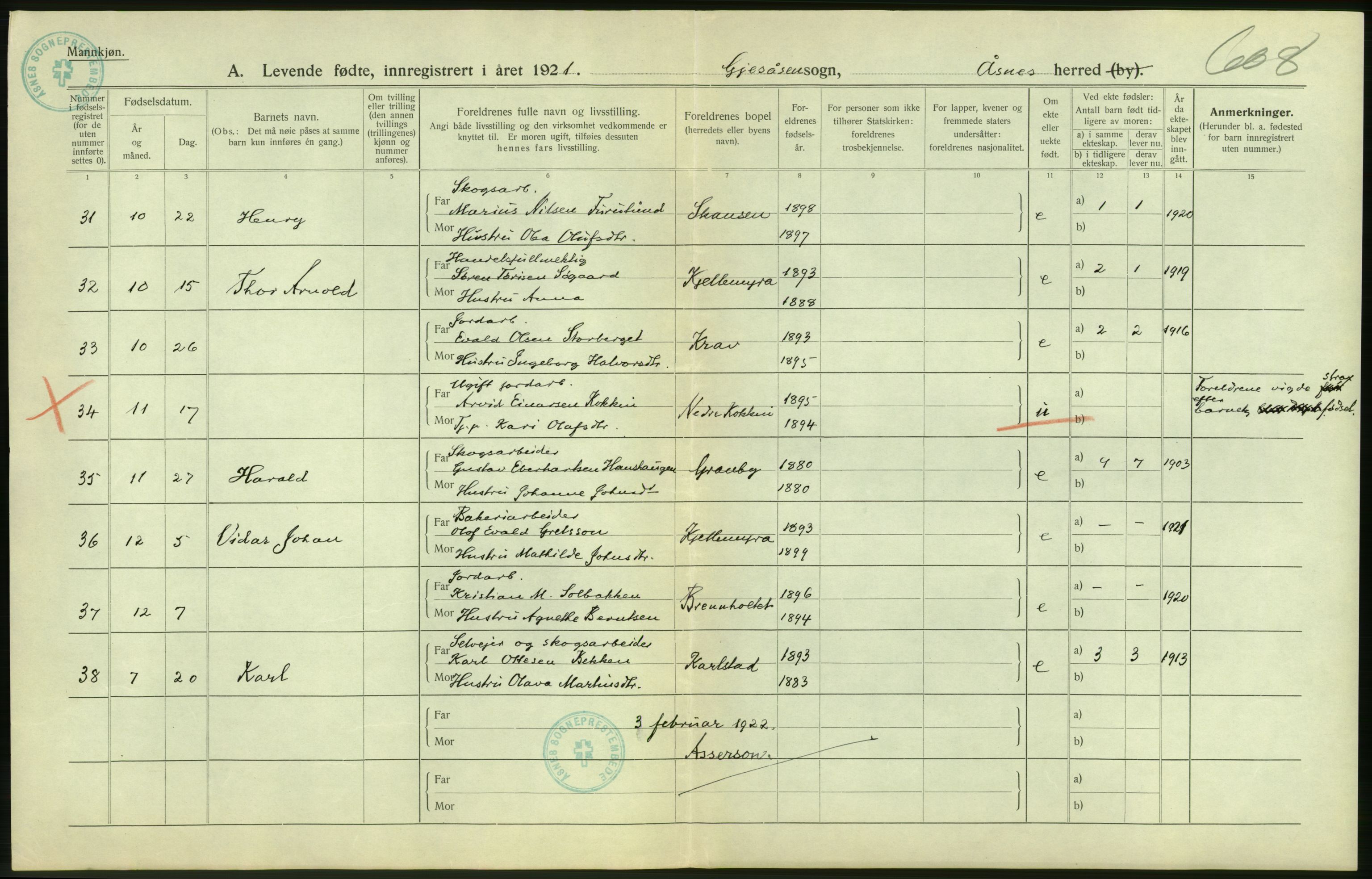 Statistisk sentralbyrå, Sosiodemografiske emner, Befolkning, RA/S-2228/D/Df/Dfc/Dfca/L0014: Hedemark fylke: Levendefødte menn og kvinner. Bygder., 1921, p. 18