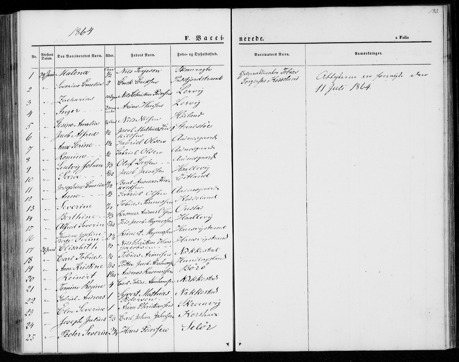 Lyngdal sokneprestkontor, SAK/1111-0029/F/Fa/Faa/L0002: Parish register (official) no. A 2, 1858-1870, p. 183