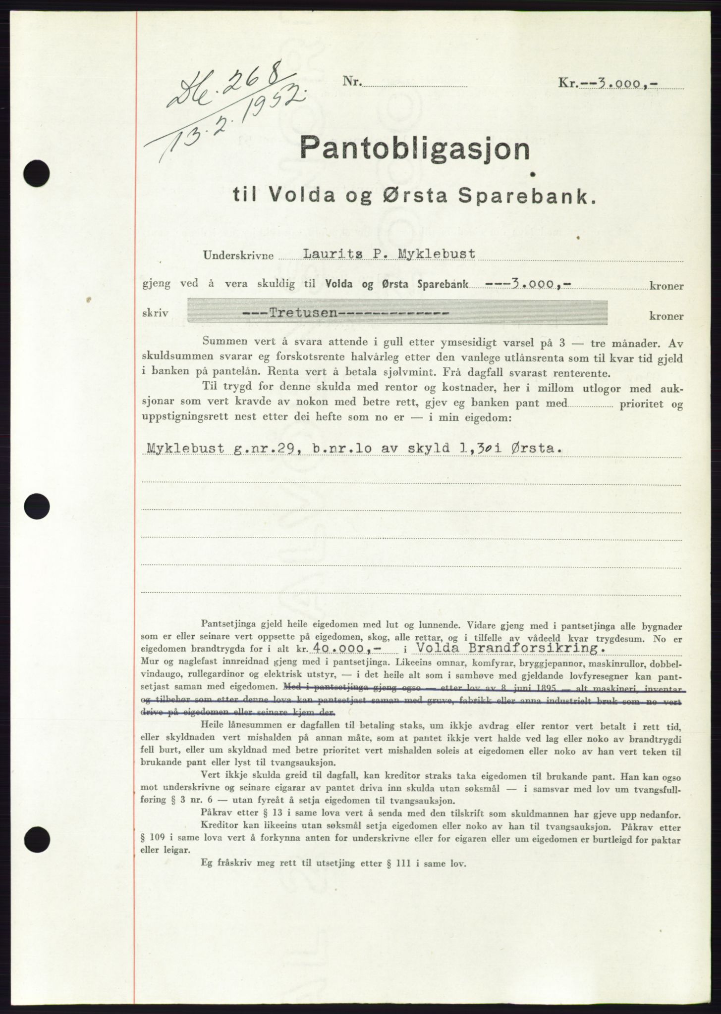 Søre Sunnmøre sorenskriveri, AV/SAT-A-4122/1/2/2C/L0121: Mortgage book no. 9B, 1951-1952, Diary no: : 268/1952