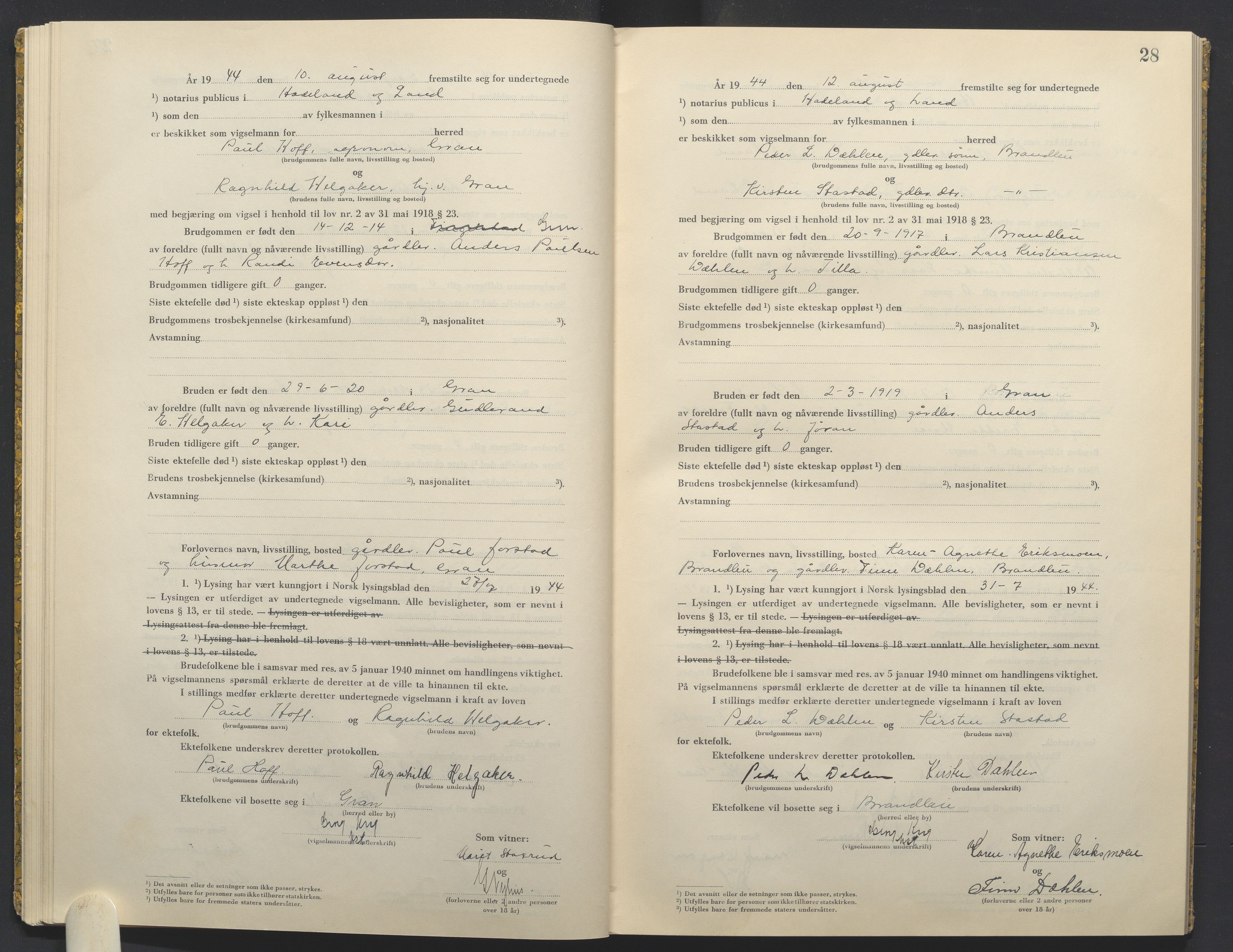 Hadeland og Land tingrett, AV/SAH-TING-010/L/Lb/L0003: Vigselbok, 1944-1946, p. 28