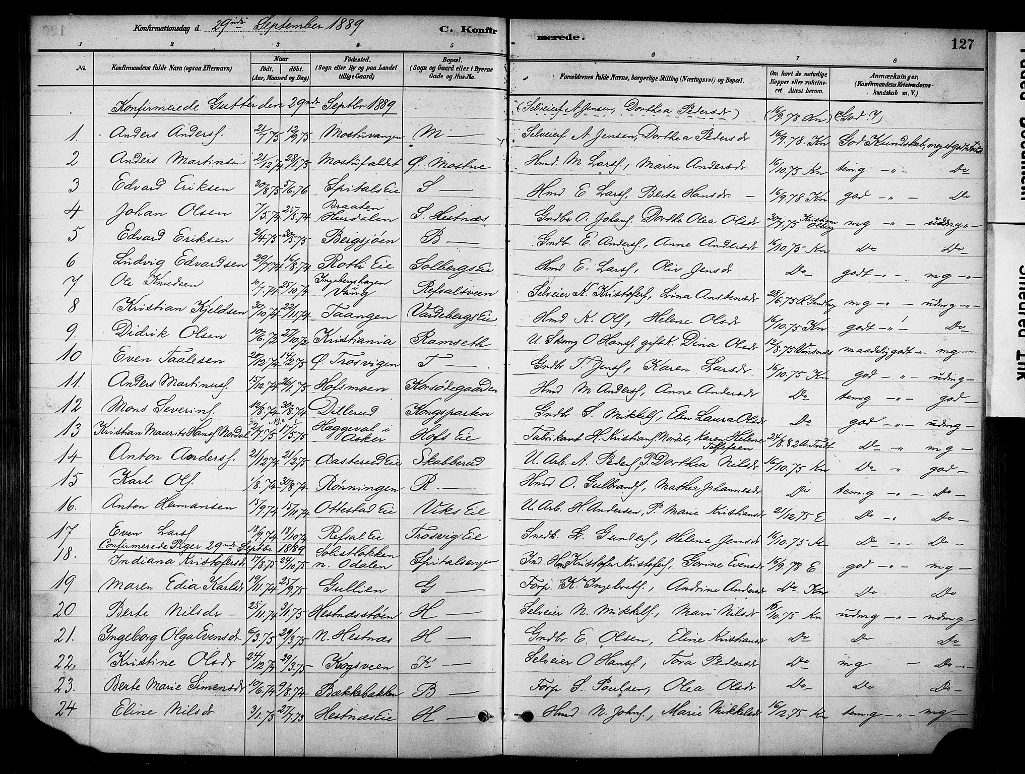 Stange prestekontor, SAH/PREST-002/K/L0018: Parish register (official) no. 18, 1880-1896, p. 127