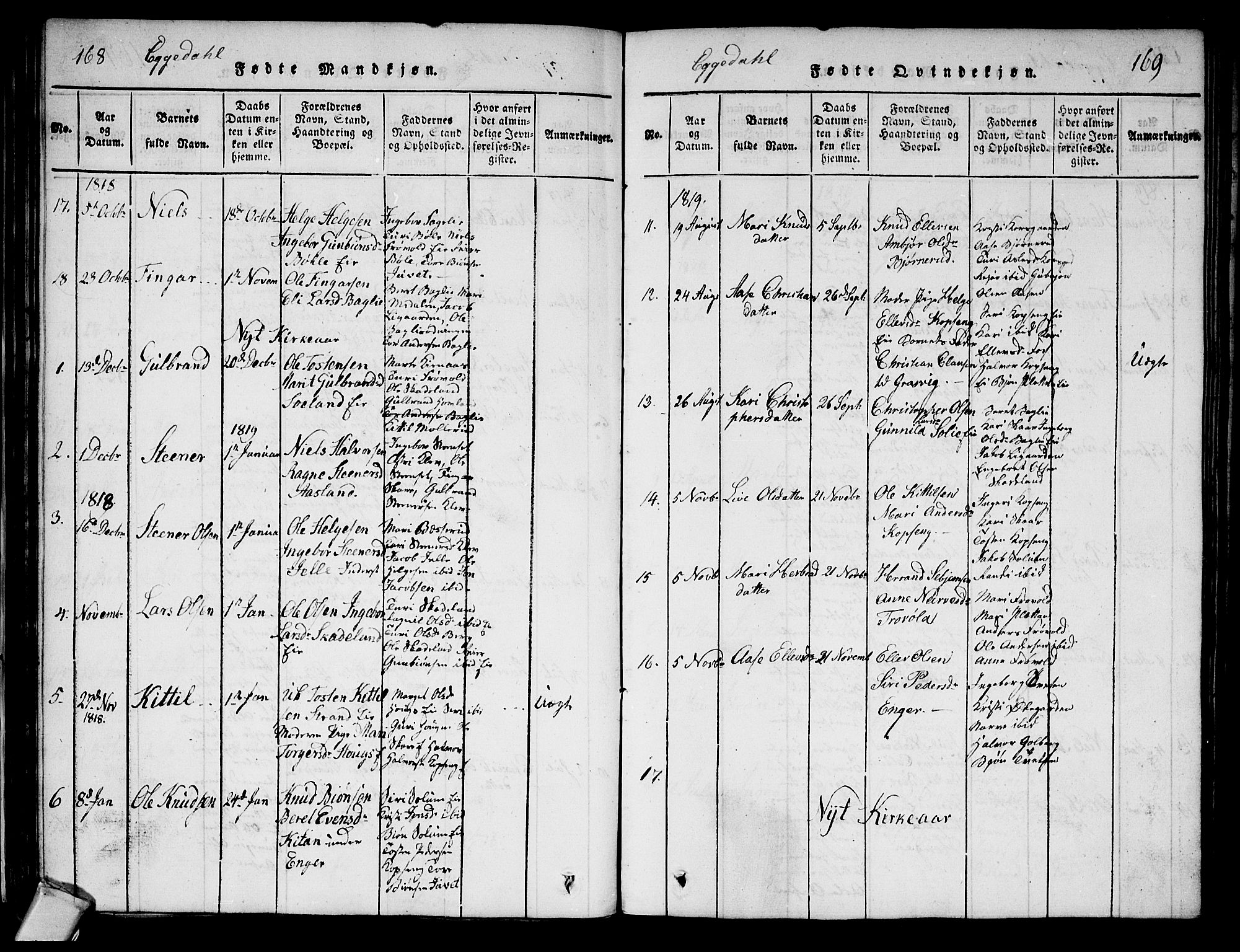 Sigdal kirkebøker, AV/SAKO-A-245/G/Ga/L0001: Parish register (copy) no. I 1 /2, 1816-1835, p. 168-169