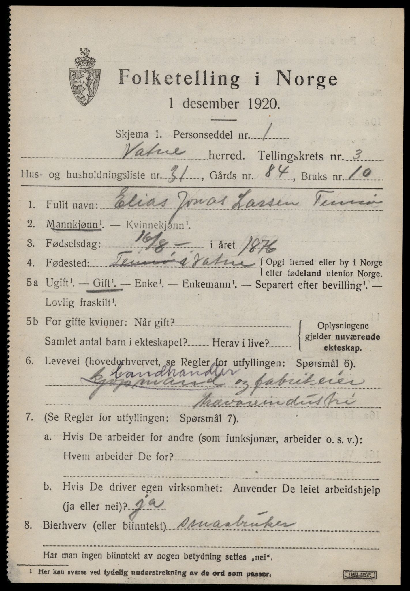 SAT, 1920 census for Vatne, 1920, p. 1770
