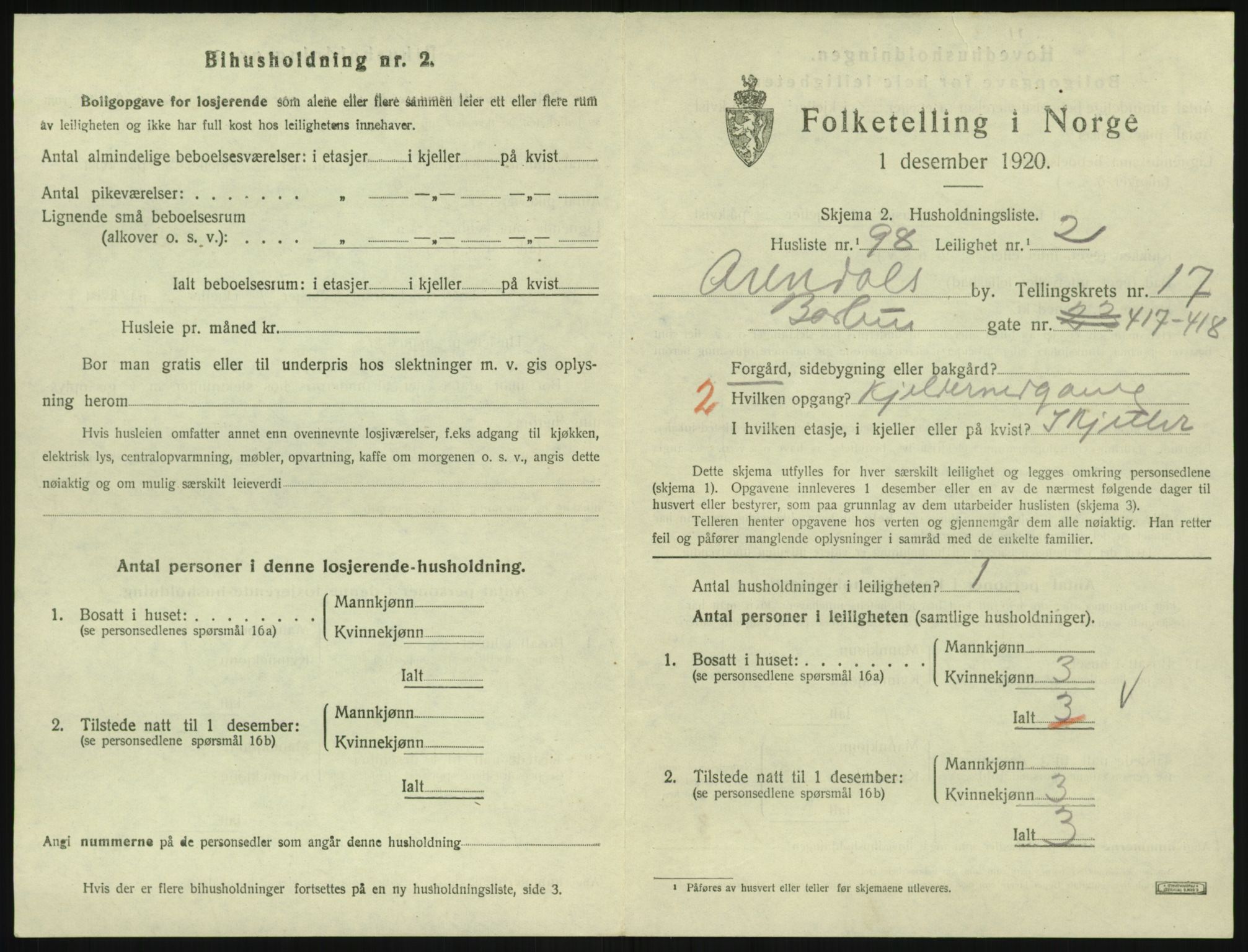 SAK, 1920 census for Arendal, 1920, p. 7852