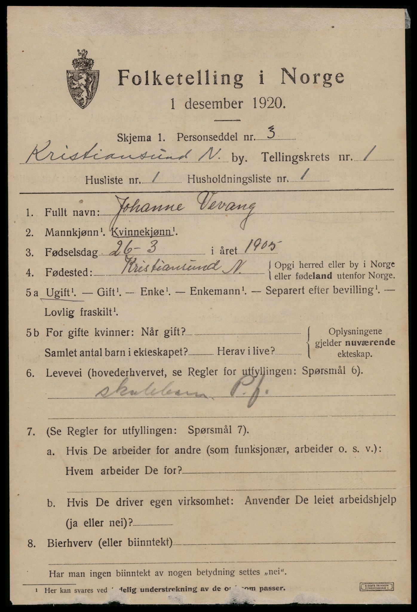 SAT, 1920 census for Kristiansund, 1920, p. 10355