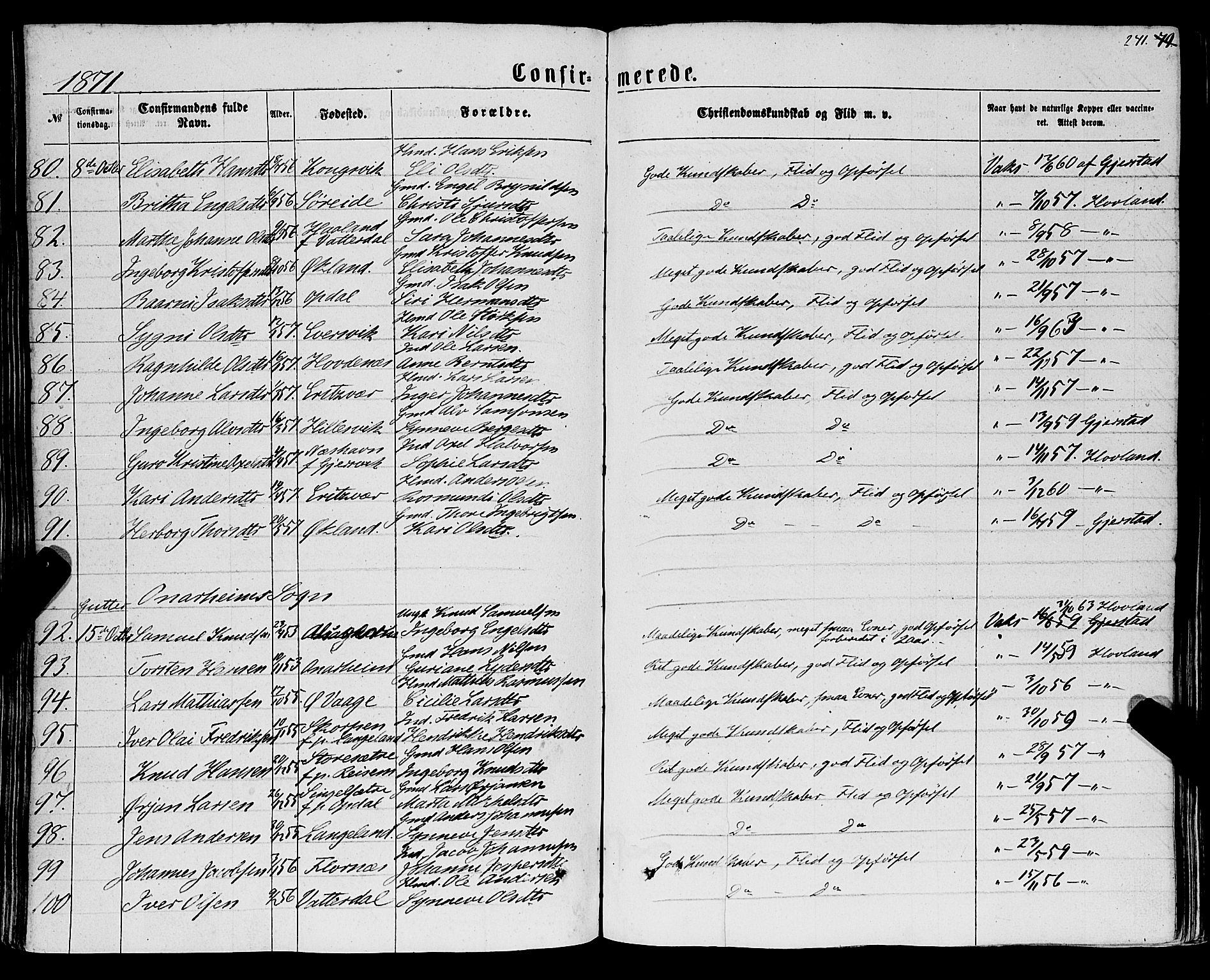 Tysnes sokneprestembete, SAB/A-78601/H/Haa: Parish register (official) no. A 11, 1860-1871, p. 241