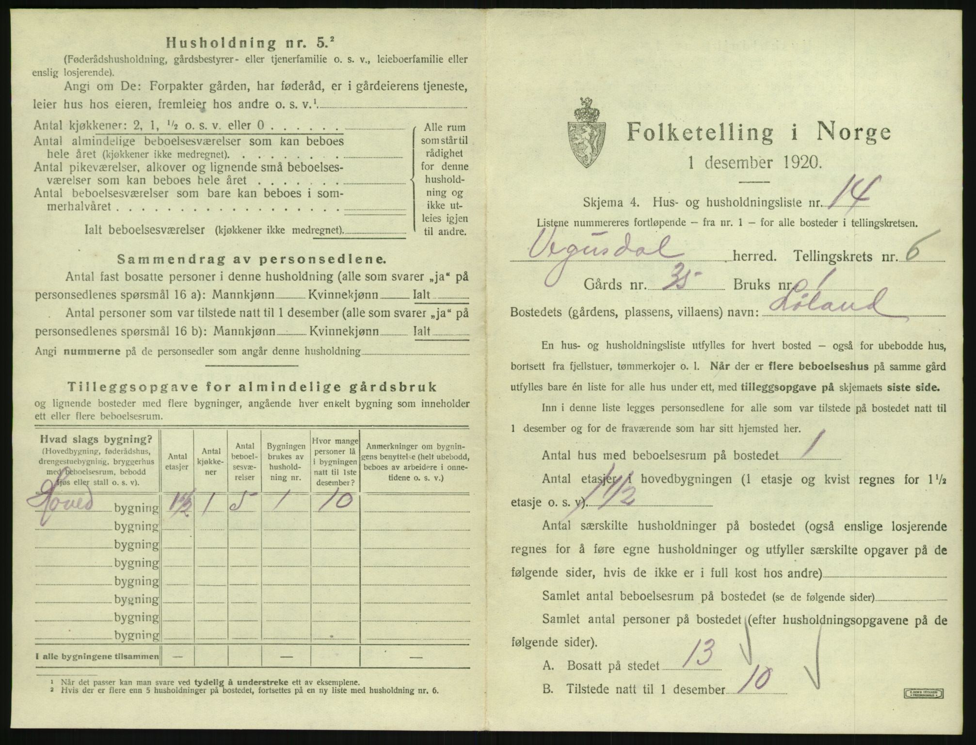 SAK, 1920 census for Vegusdal, 1920, p. 263