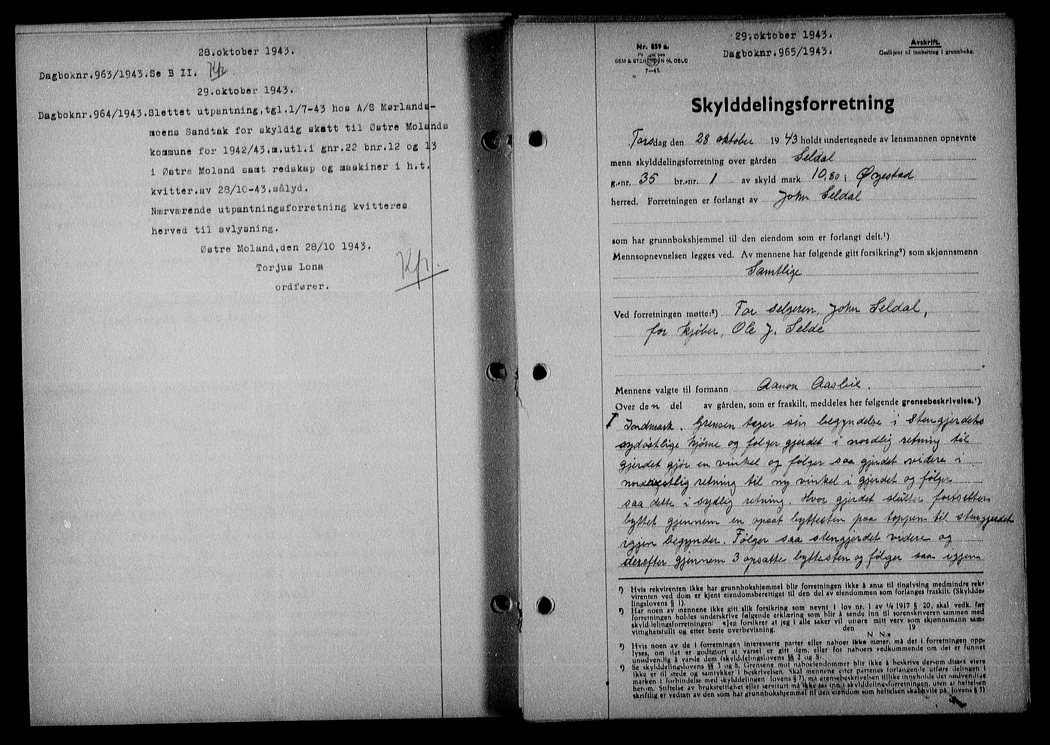 Nedenes sorenskriveri, SAK/1221-0006/G/Gb/Gba/L0051: Mortgage book no. A-V, 1943-1944, Diary no: : 965/1943