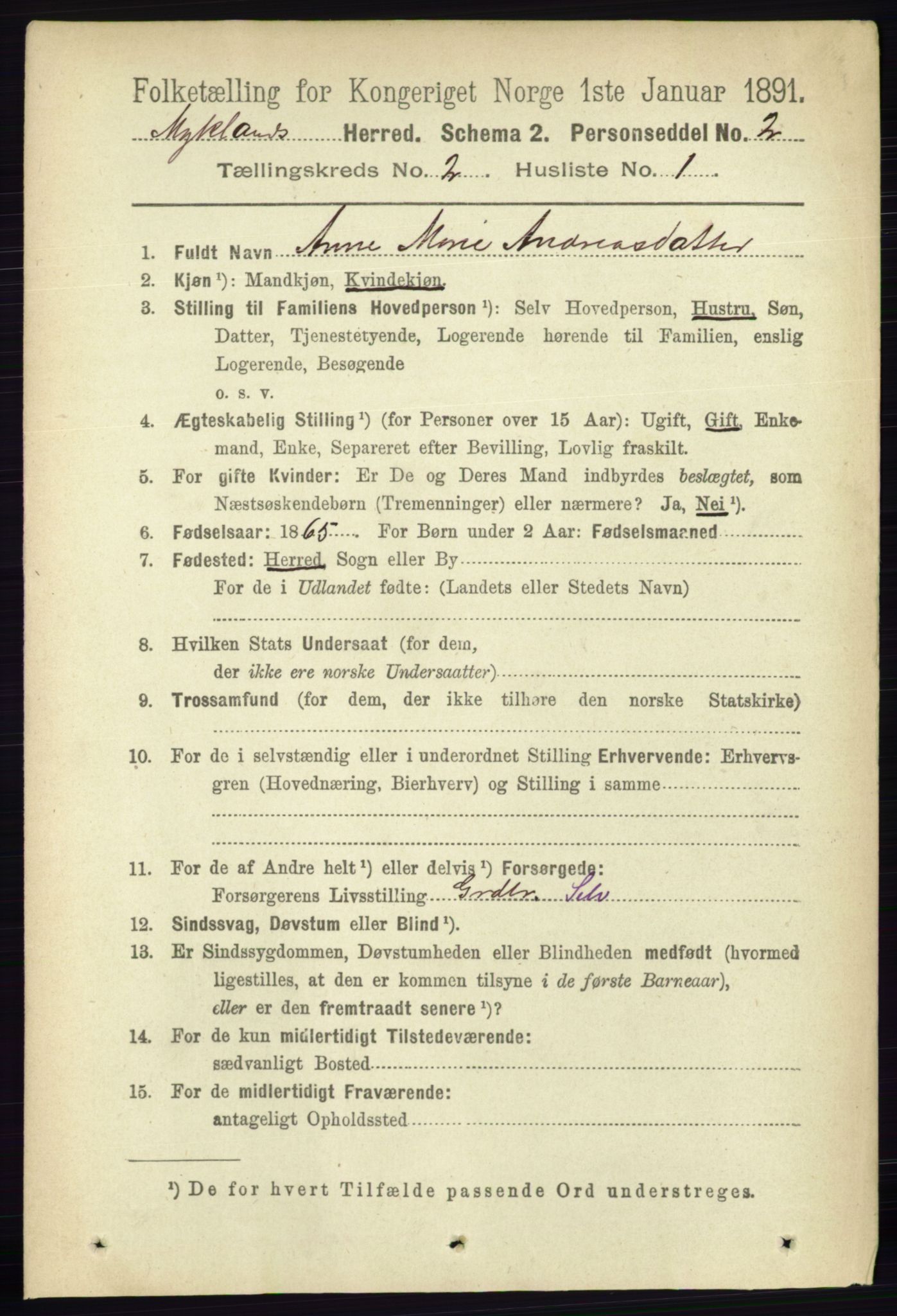 RA, 1891 census for 0932 Mykland, 1891, p. 304