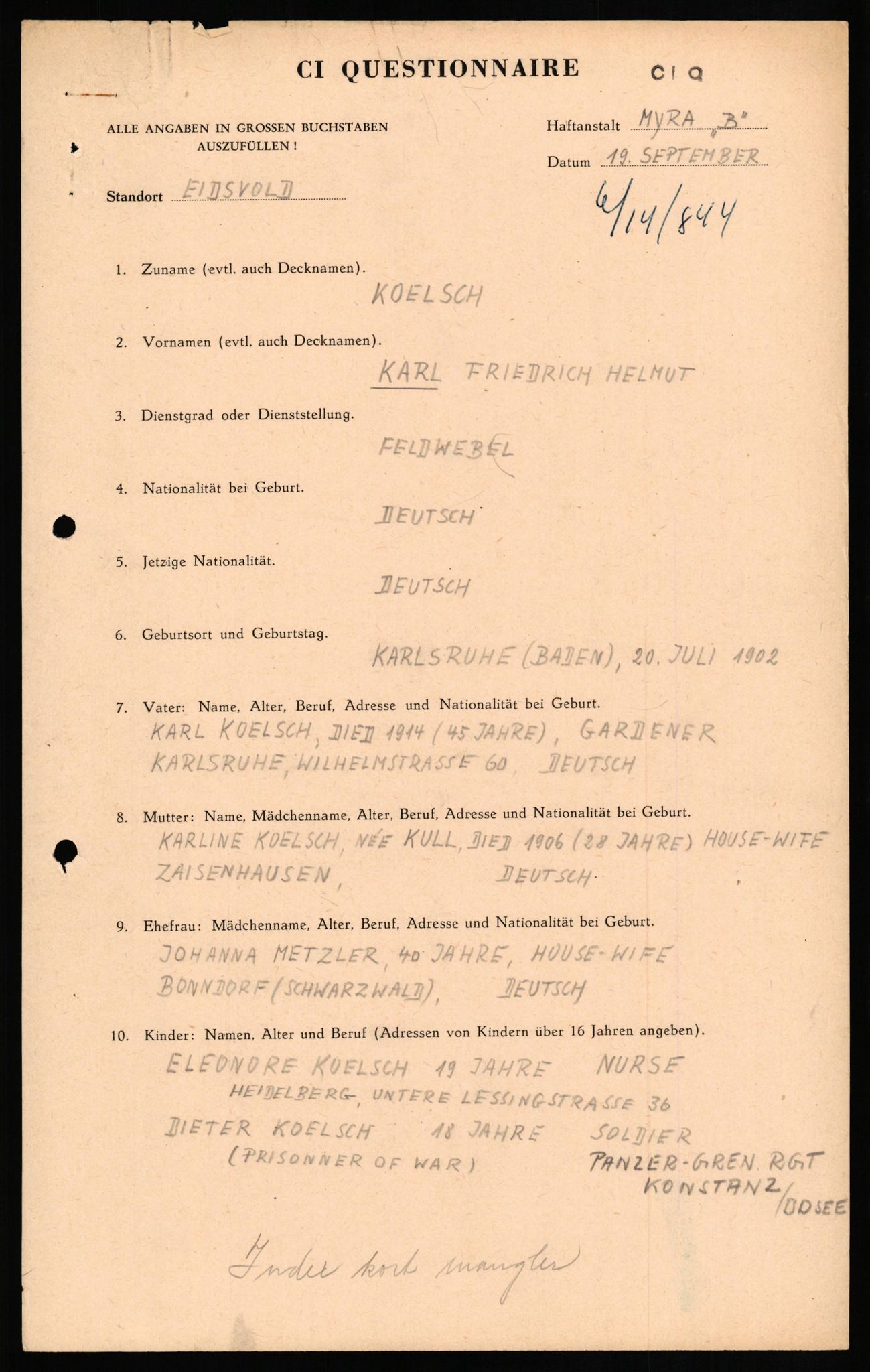 Forsvaret, Forsvarets overkommando II, AV/RA-RAFA-3915/D/Db/L0017: CI Questionaires. Tyske okkupasjonsstyrker i Norge. Tyskere., 1945-1946, p. 406