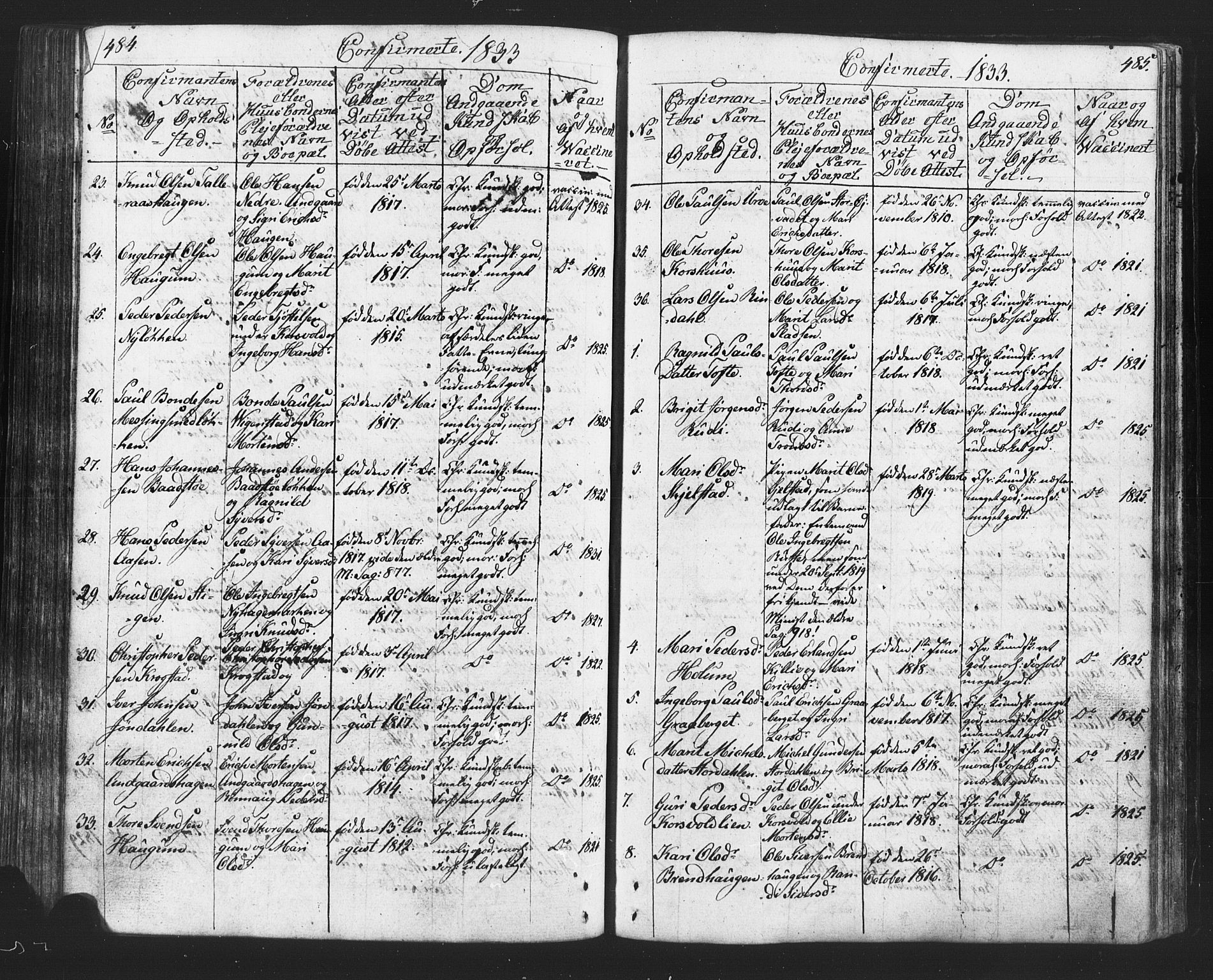 Lesja prestekontor, SAH/PREST-068/H/Ha/Hab/L0002: Parish register (copy) no. 2, 1832-1850, p. 484-485