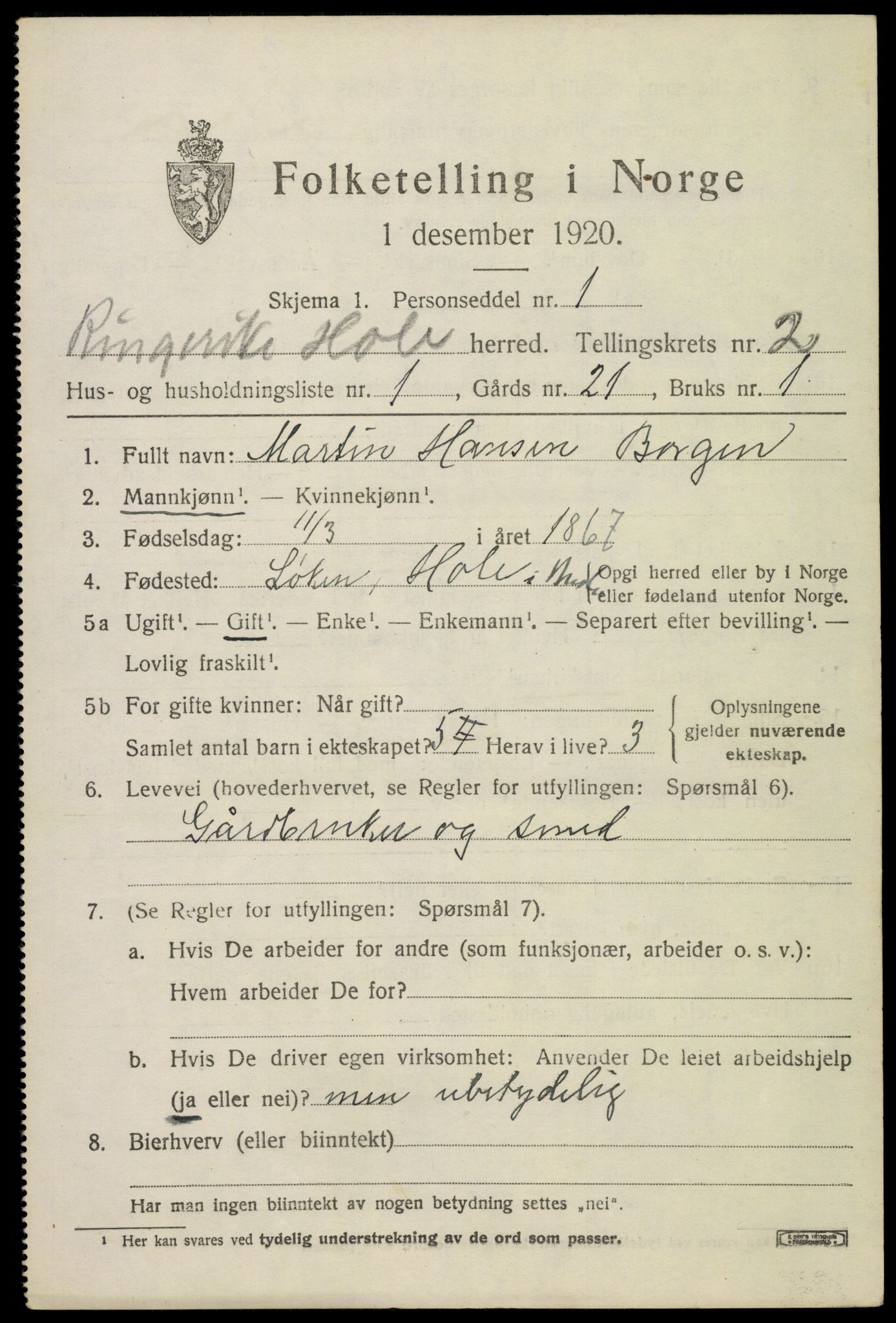 SAKO, 1920 census for Hole, 1920, p. 1997