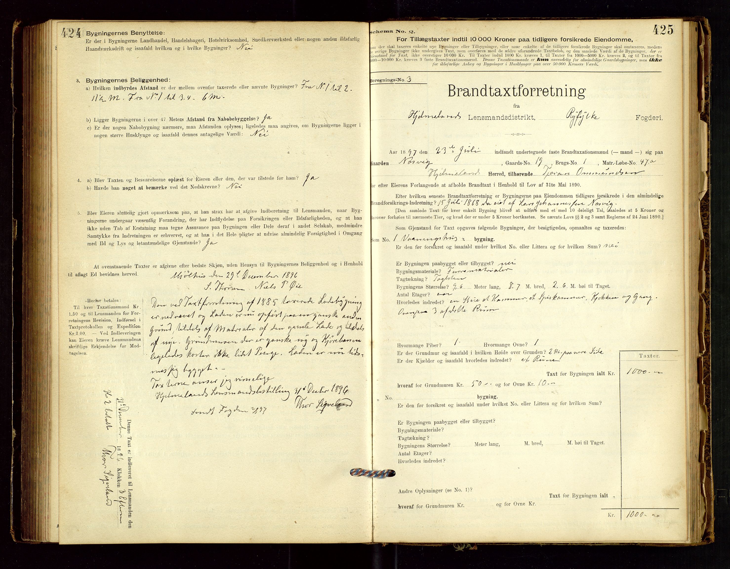 Hjelmeland lensmannskontor, AV/SAST-A-100439/Gob/L0001: "Brandtaxationsprotokol", 1895-1932, p. 424-425
