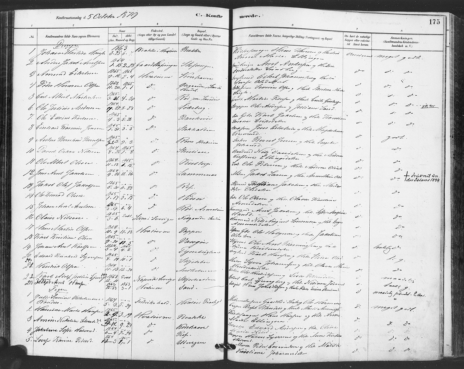Hvaler prestekontor Kirkebøker, SAO/A-2001/F/Fa/L0008: Parish register (official) no. I 8, 1878-1895, p. 175